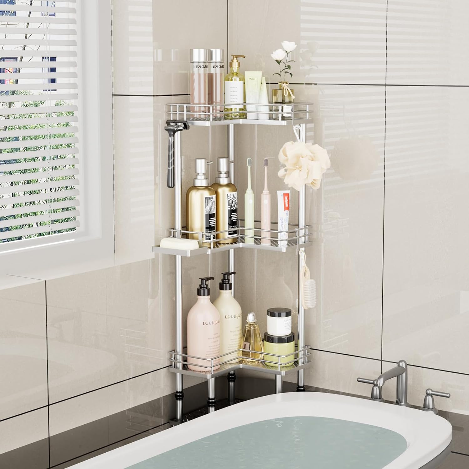Consumest Corner Shower Caddy Standing - 3-Tier Stainless Steel Shower Organizer with Soap Holder and 4 Hooks, Large Capacity Corner Shelf Stand for Bathroom, Rest Room, Silver
