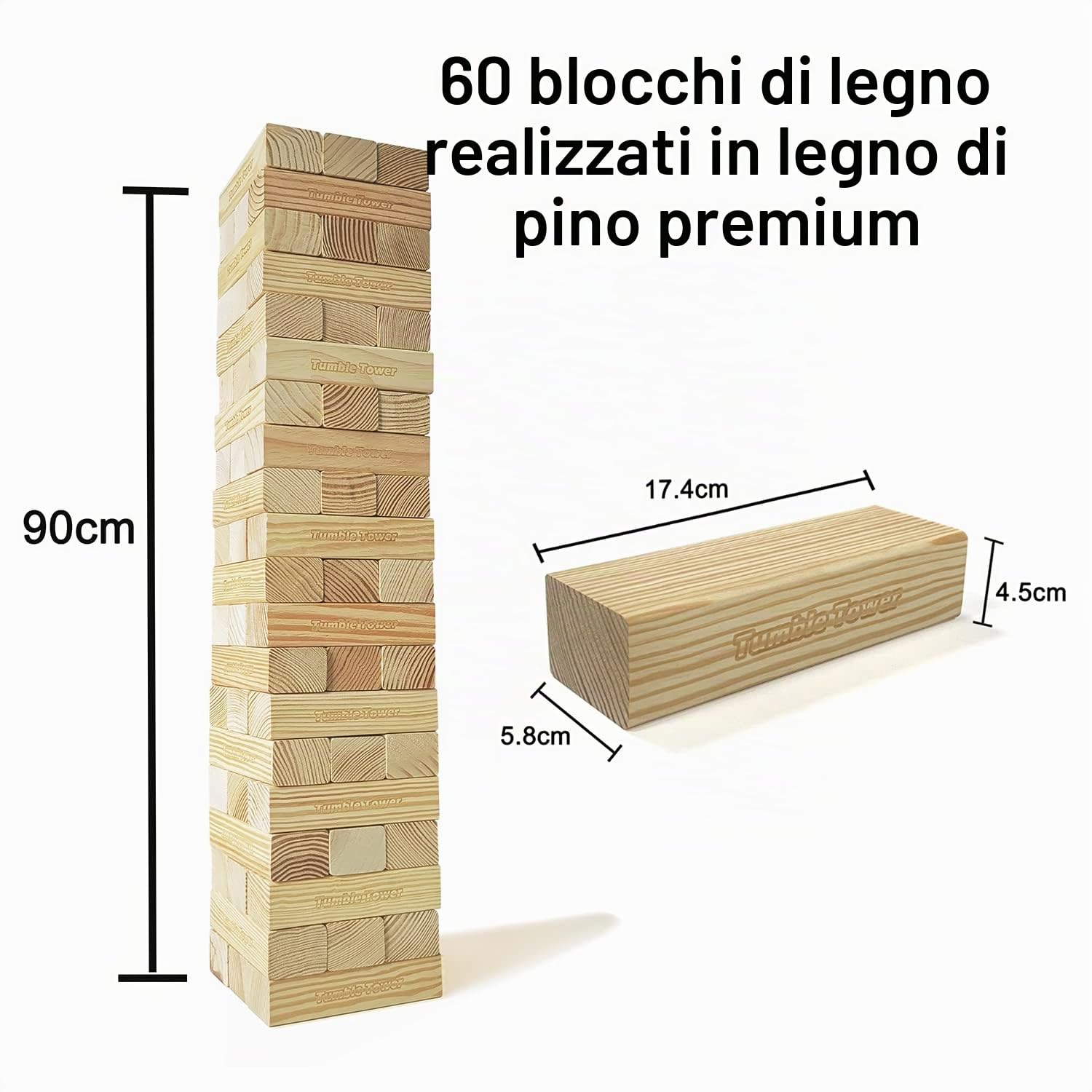 Jac & Mok Grande torre oscillante, gioco di impilare in legno di pino, 60 mattoncini con borsa per il trasporto, gioco da esterno in legno di pino gigante