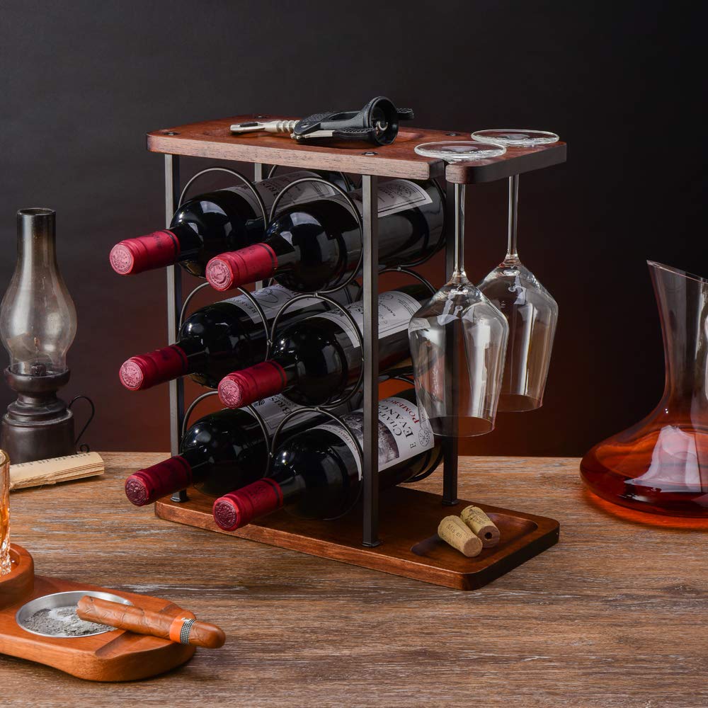 Weinregal Für Die Arbeitsplatte – Aus Holz & Metall, Für 9 Flaschen + 4 Gläser, 40cm Hoch