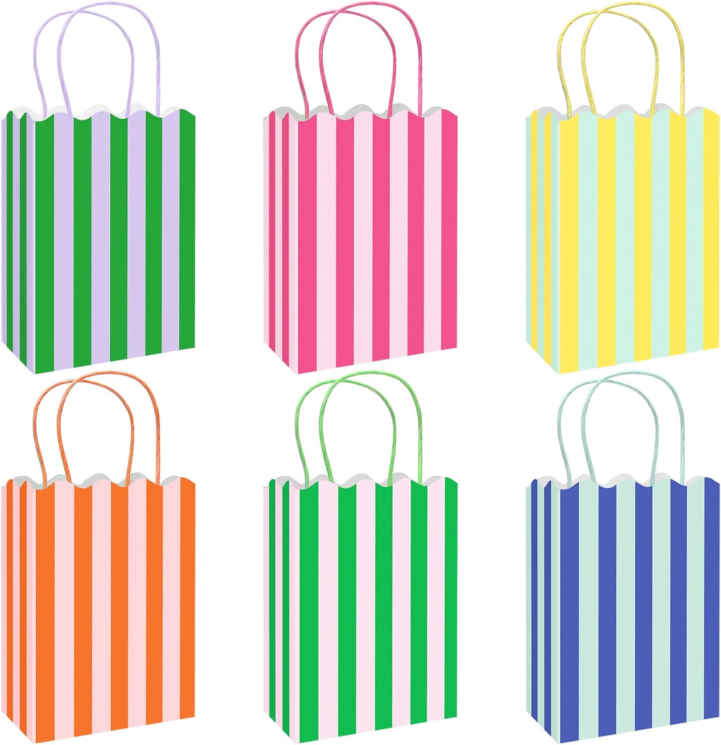 Whaline 24 Pcs Colorful Paper Gift Bag Treat Bags with Handles Stripe Scalloped Candy Goodie Bags for Party Favors Supplies
