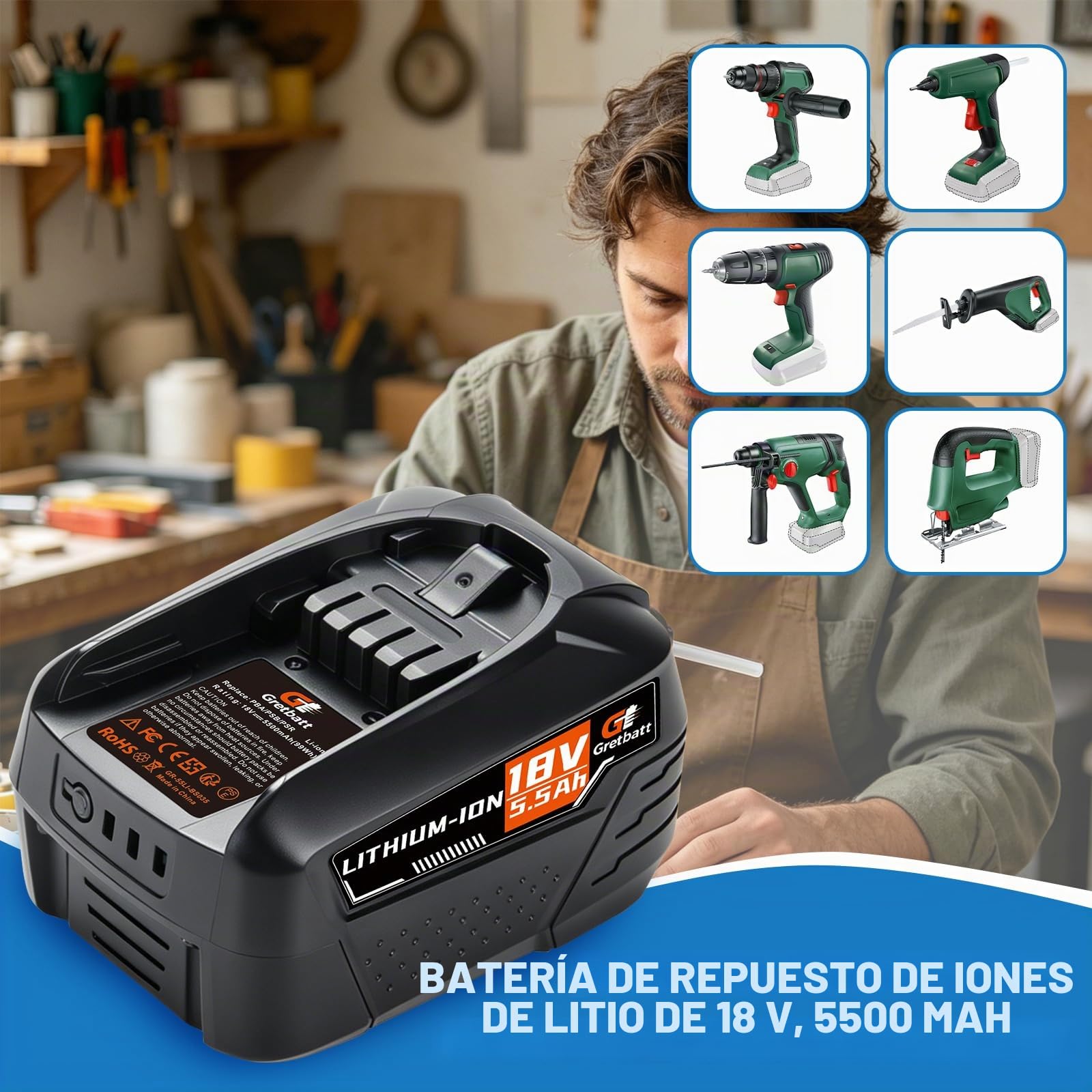 Batería de Repuesto para Bosch PBA/PSB/PSR, 18V, 5500 mAh, Compatible con Herramientas Bosch para casa y jardín