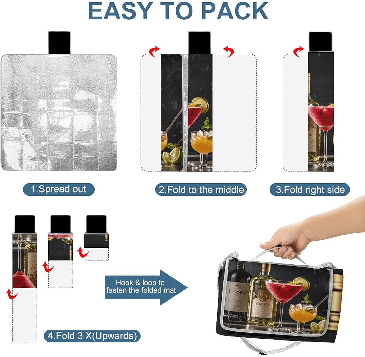 Cocktail Glasses and Wine Bottles Picnic Blanket Extra Large 58x58 Inches Sandproof Waterproof Camping Blanket Portable Beach Mat for Camping Beach Grass Park