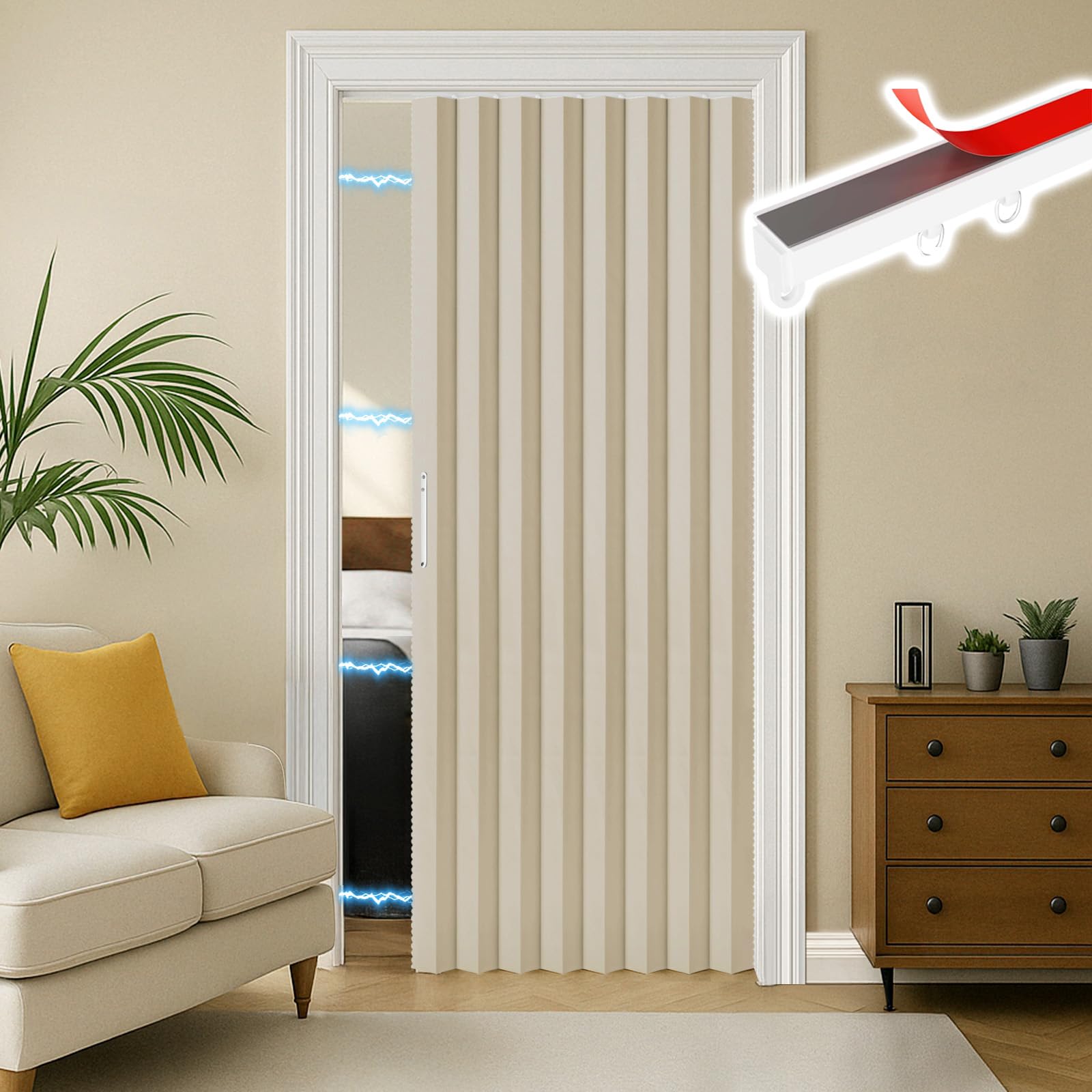 RINHARTEX Blackout Accordion Style Magnetic Door Curtain Sets Included Tracks for Closet Pleated Folding Doorway Curtain Accordion Door Interior Room Divider Bedroom Bathroom