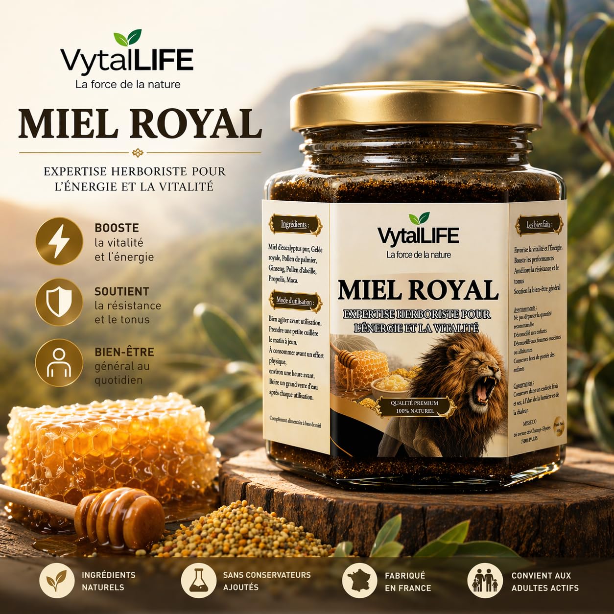 VytalLIFE Miel à la Gelée Royale, Ginseng & Maca - Miel Aphrodisiaque d'Eucalyptus 100% Pur 250g - Enrichi en Propolis, Pollen d'Abeille - Énergie & Vitalité - Booster Testosterone Homme Naturel