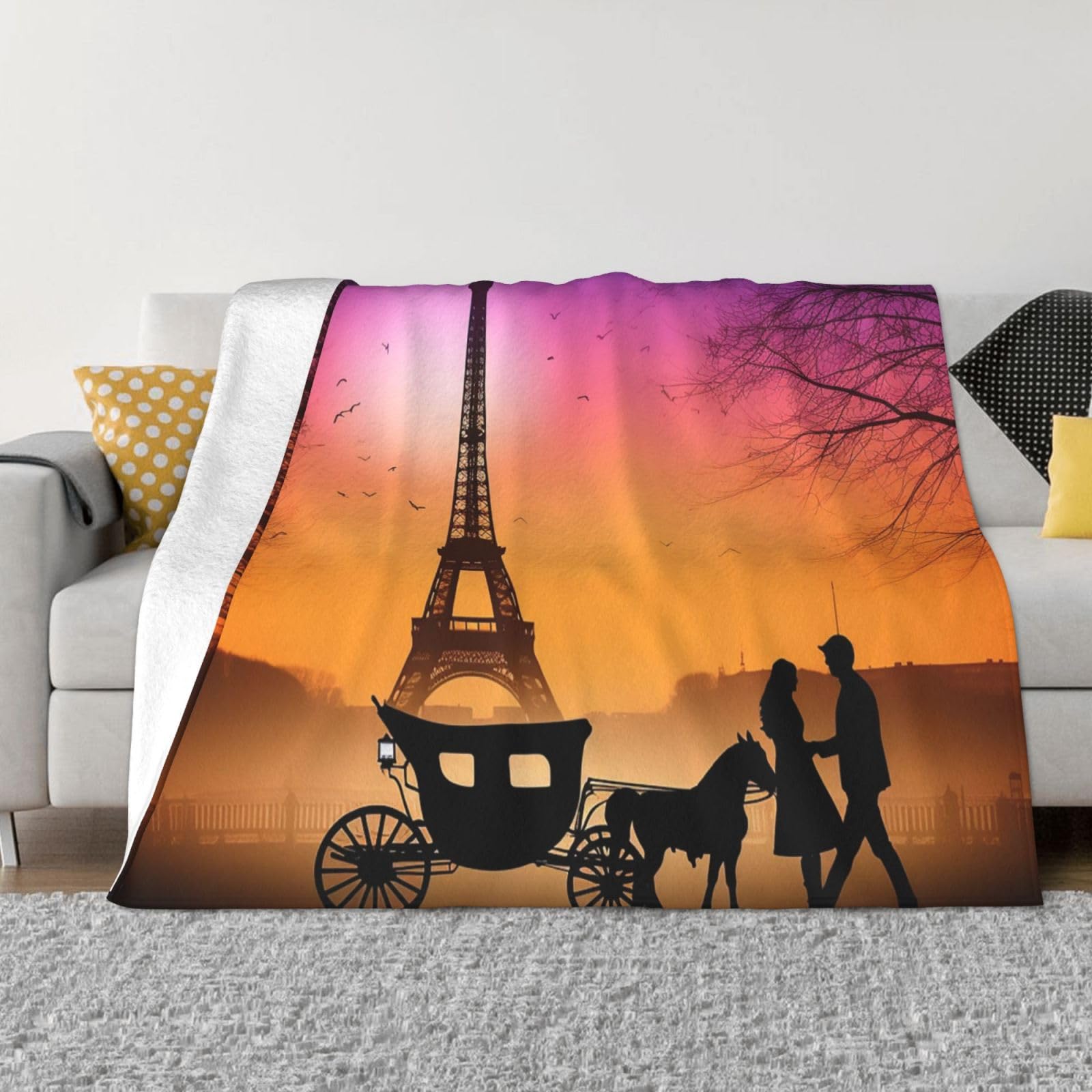 Jeté de lit réversible en peluche douce avec silhouette de coucher de soleil élégante