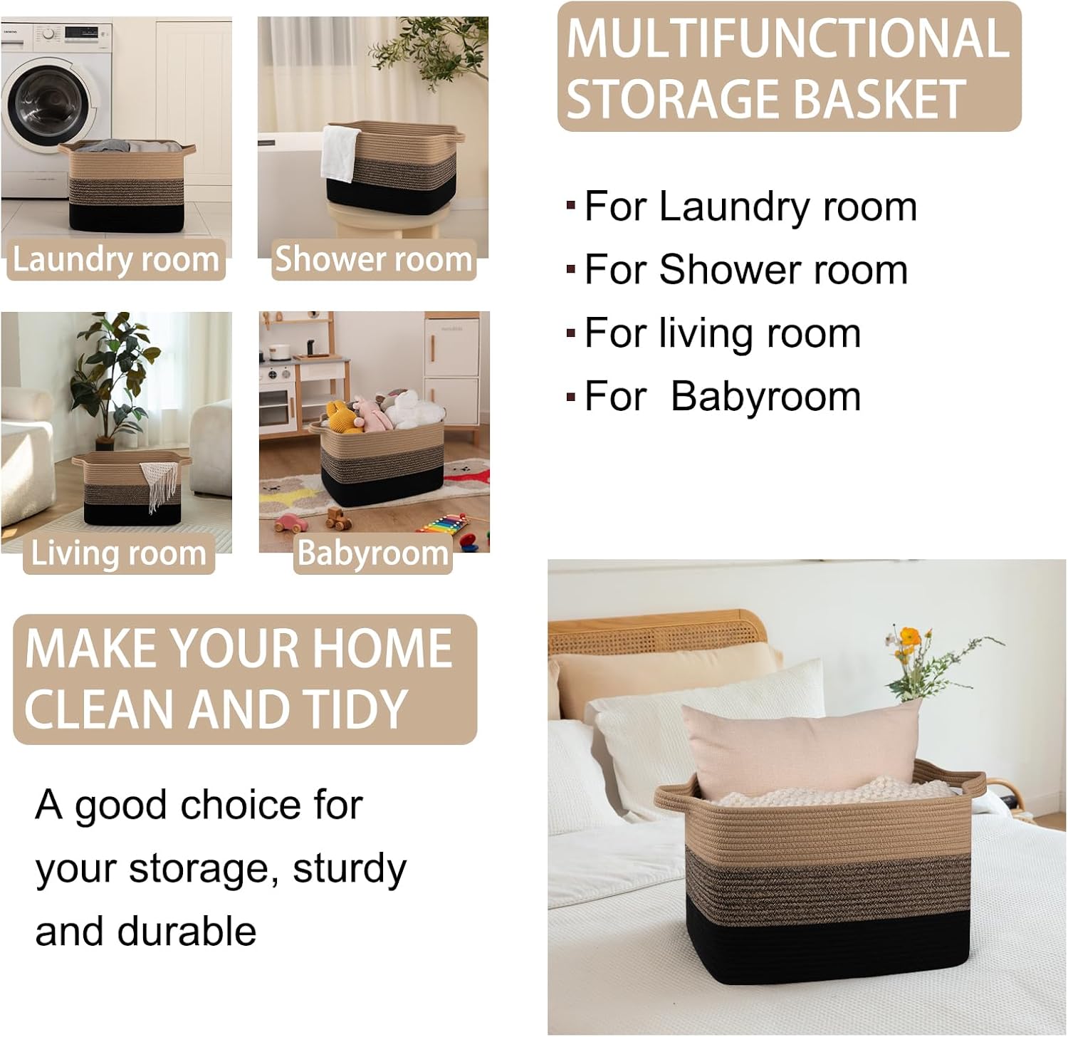 OIAHOMY Large Blanket Basket, Rectangle Woven Baskets, Nursery Blanket Storage Living Room, Toy Storage With Handle, Large Baskets for Organizing-17.7”x13.8”x11”-Yellow Black
