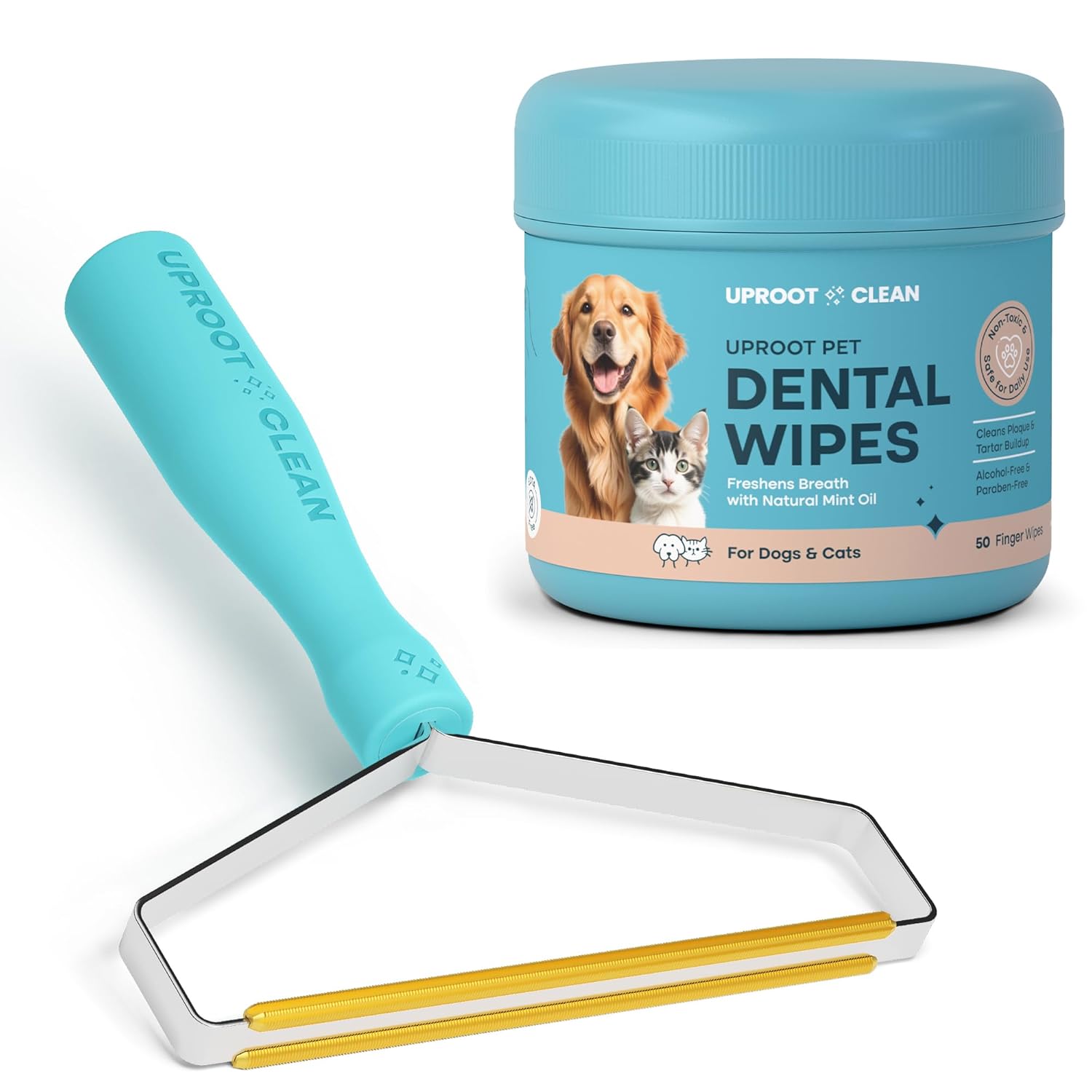 Uproot Cleaner Pro Pet Hair Remover & Dental Finger Wipes Set: The Ultimate Pet Hair Removal Tool for Non-Knit Surfaces & Cat and Dog Teeth Cleaning Wipes for Plaque, Tartar, & Breath