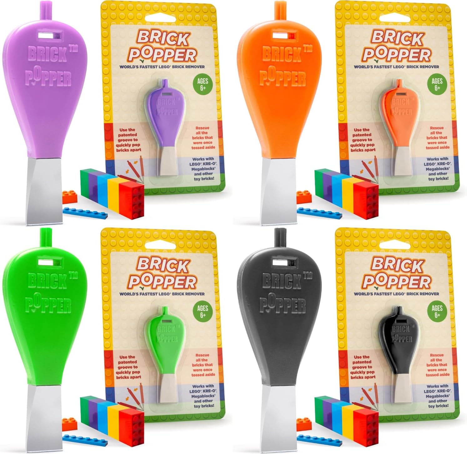 Brick Toy Separator Tools, Set of 4 Assorted Colors | Brick Remover for Kids & Adults | for Ages + | Essential Brick Tool (Purple, Orange, Lime Green, Black)