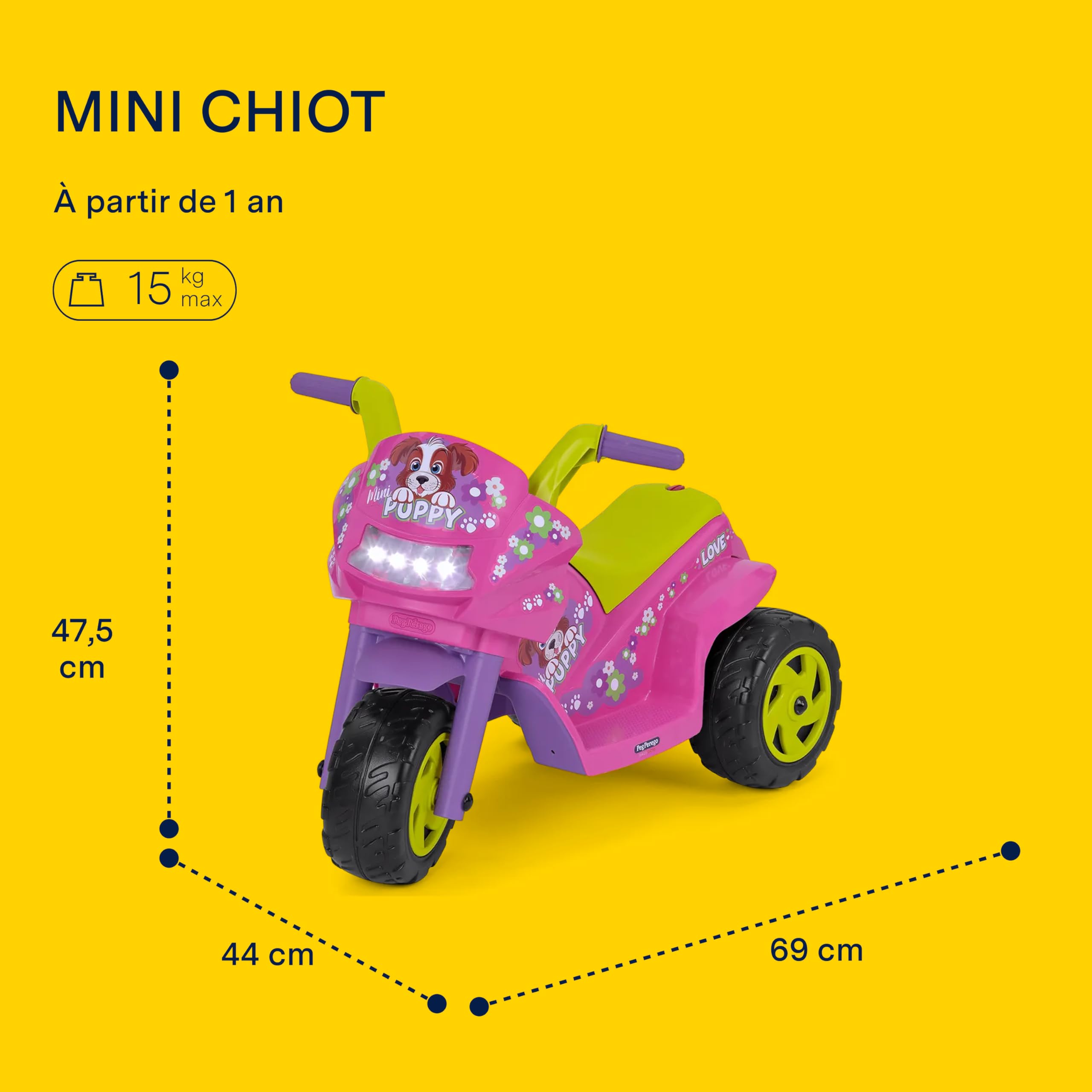 PEG Mini Puppy Moto Électrique pour Enfants dès 1 an, Batterie Rechargeable 6V, Phares LED, Klaxon et Musique, Vitesse 4 km/h, Deux Roues Motrices avec Profil