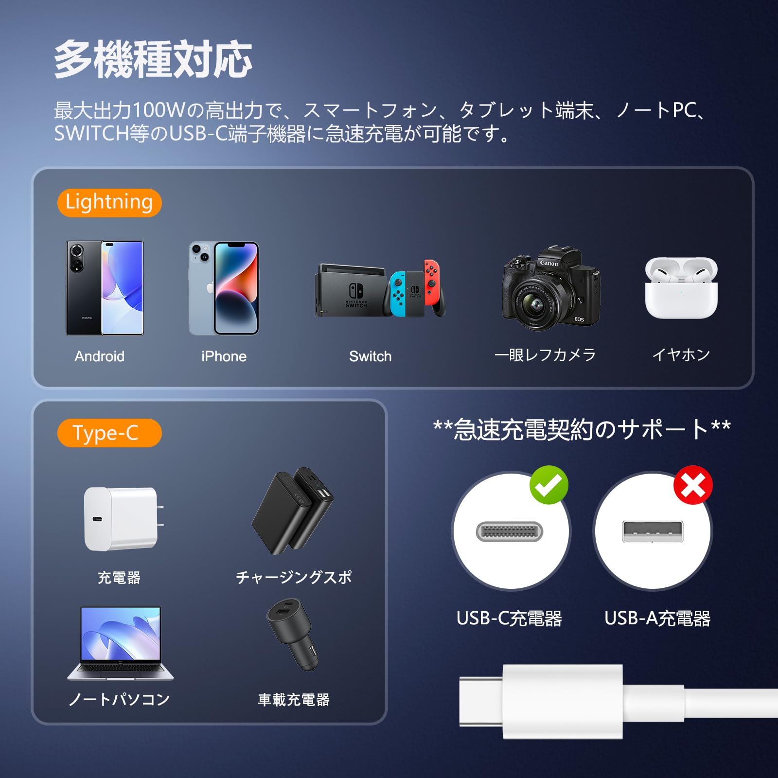 Amazon.co.jp: 【2026正規MFi認証品】USB C ケーブル 100W/5A PD対応