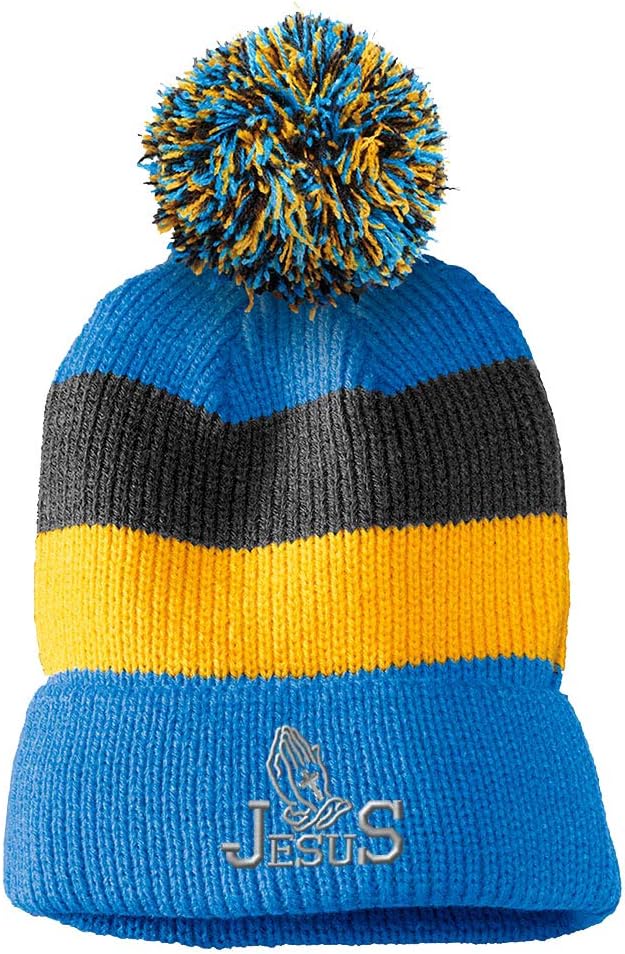 Vintage Pom Pom Beanie Jesus Christian Hands Praying B Embroidery Acrylic Skull Cap Hat for Men & Women Light Blue Stripes 1 Size