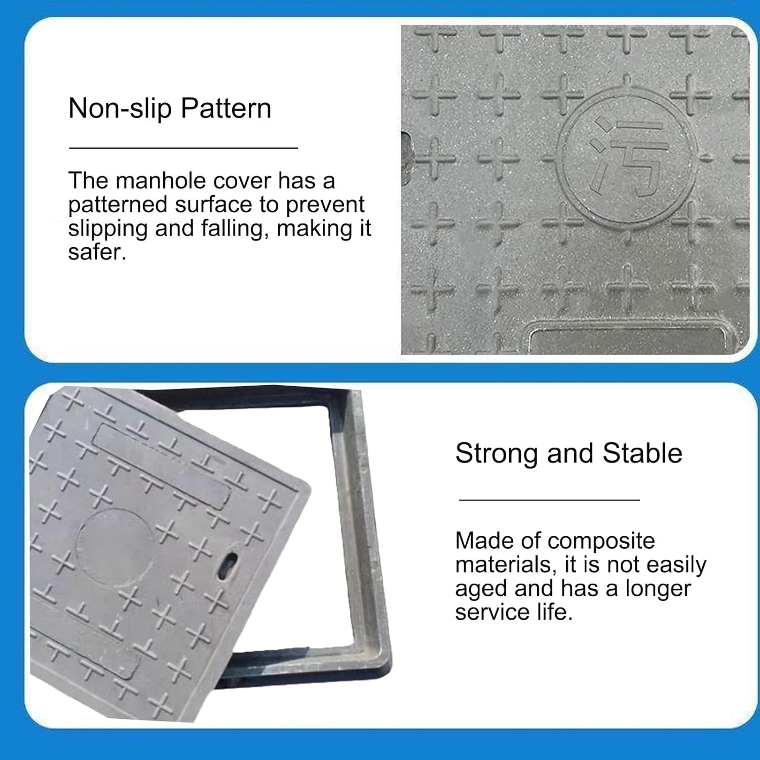 強化スチールスクエアグラスファイバーマンホールカバー＆フレーム、排水管用滑り止め、60x60cm（23.6x23.6インチ）、屋外で