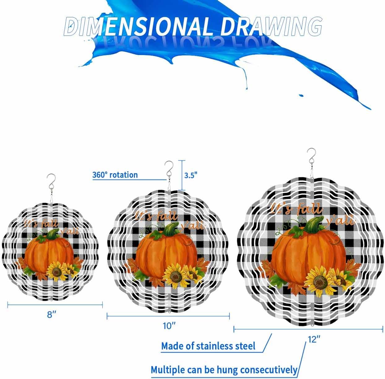 Autumn Wind Spinners, It's Fall Y'all Sunflower Black Buffalo Plaid Hanging Wind Spinners for Yard and Garden 3D Stainless Steel Metal Sculptures Crafts Ornaments 12 Inch