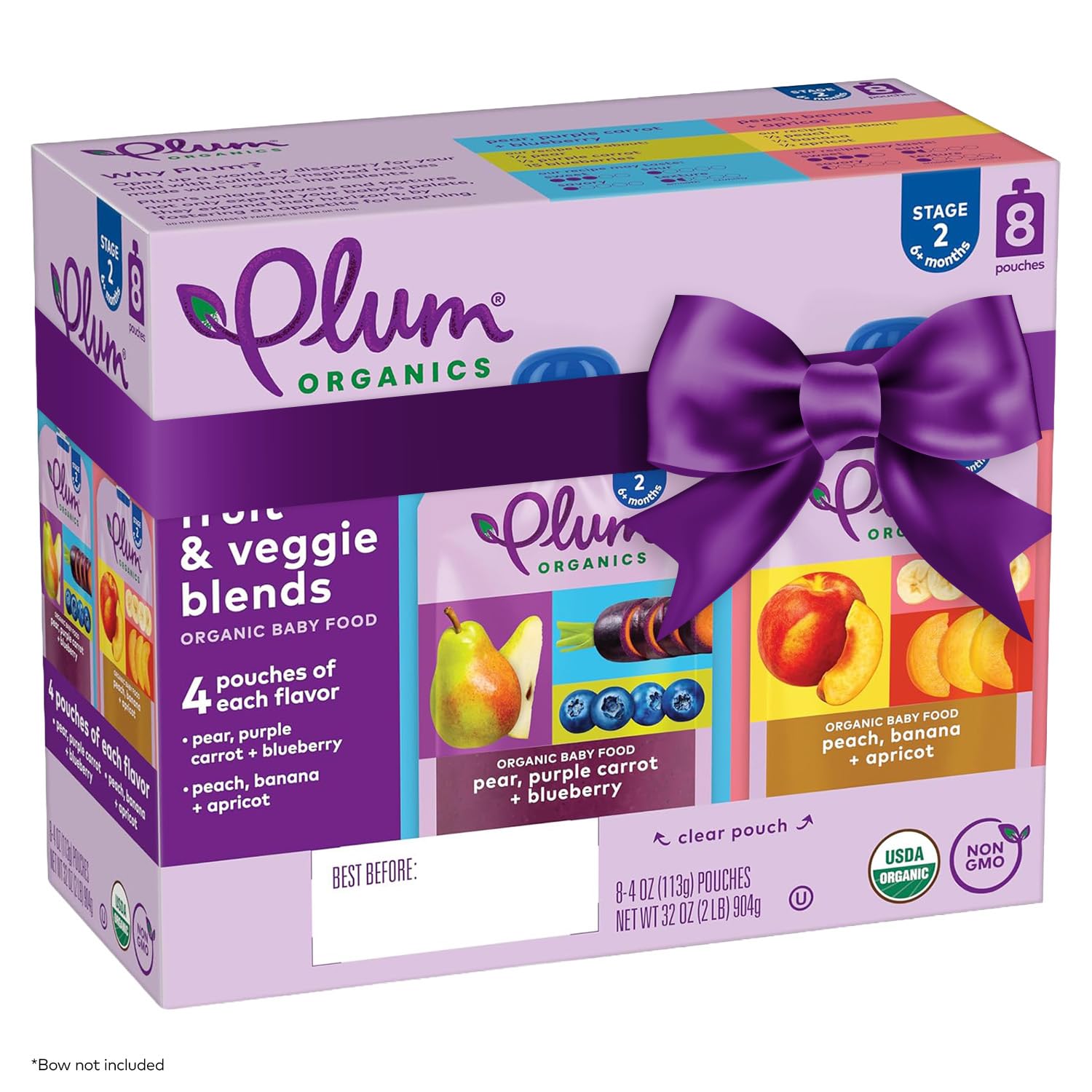 Plum Organics Variety Pack, 6+ Months - Organic Fruit and Veggie Baby Food Pouches - Pear, Purple Carrot + Blueberry & Peach, Banana + Apricot - 4 oz Pouch (Pack of 8)