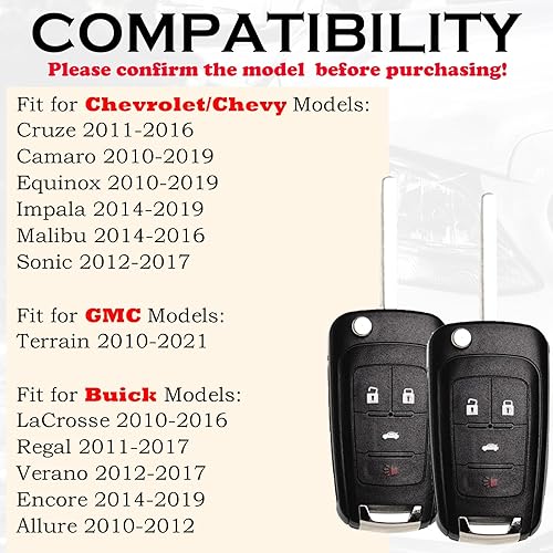 Miniatura 2 de Flip Key Fob Replacement Fits for Chevy Cruze Equinox Camaro Impala 2010 2011 2012 2013 2014 2015 2016 2017 2018 2019 Malibu Sonic Buick Regal