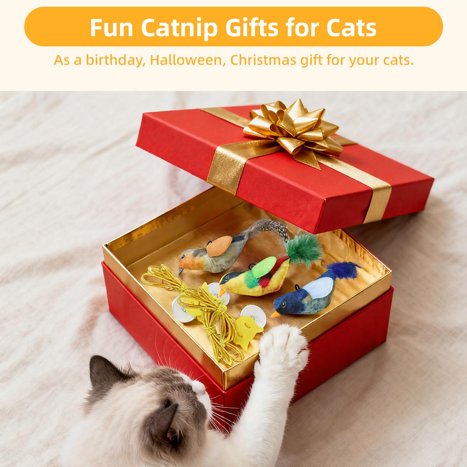 Tocirelo Interaktives Katzenspielzeug Vogel – Realistisches interaktives Katzenspielzeug für Indoor-Katzen mit Katzenminze und Feder, 3 Stück, hängende Zwitscher-Vogel-Katzenspielzeug, gelangweiltes