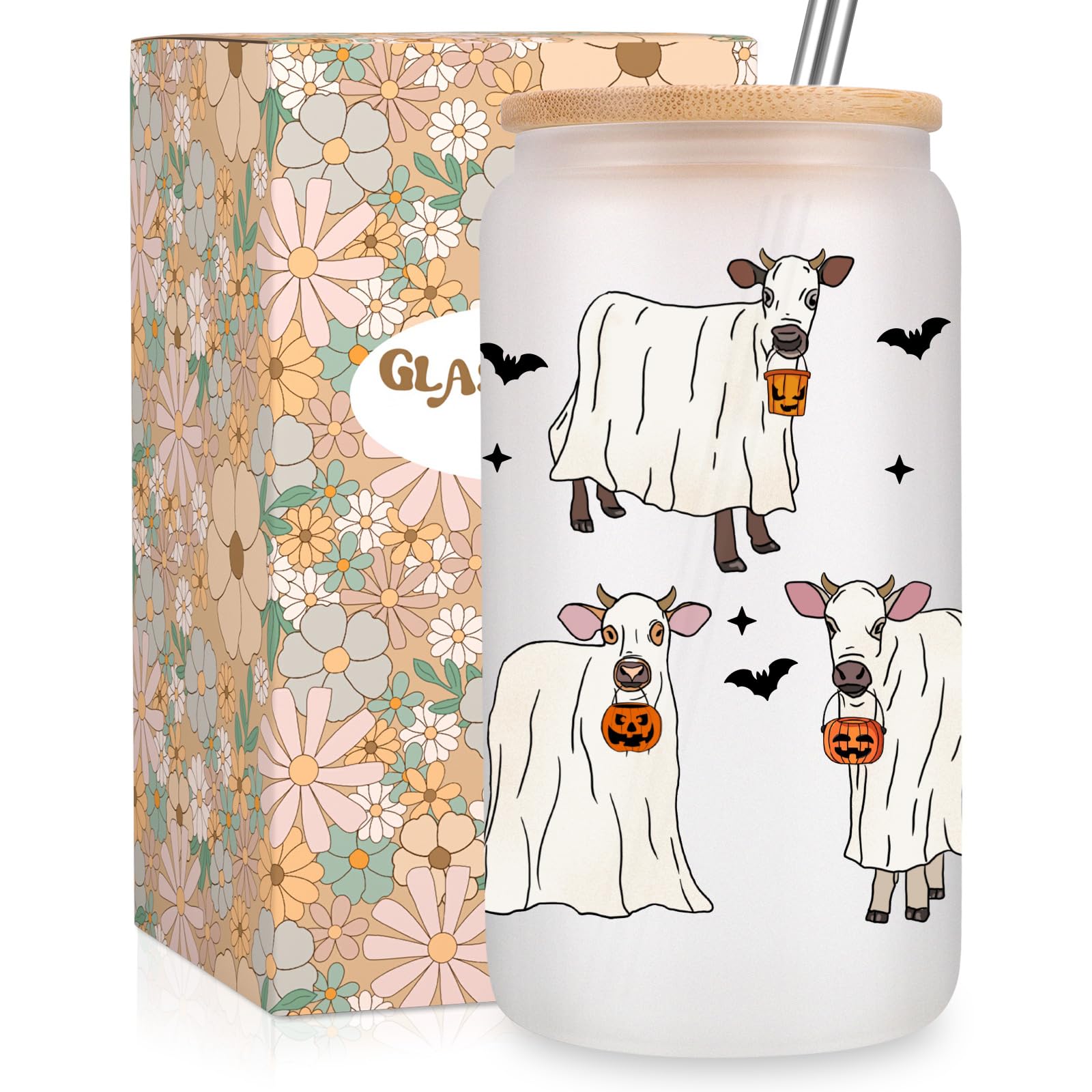 Fairy's Gift Ghost Cow Cute Cups, Halloween Glass Tumbler, 16 oz Spooky Cows Pumpkin Frosted Iced Coffee Cup w/Straw Lid, Boo Basket Stuffers for Boy Cowgirl, Halloween Gifts for Women Cattle Lovers
