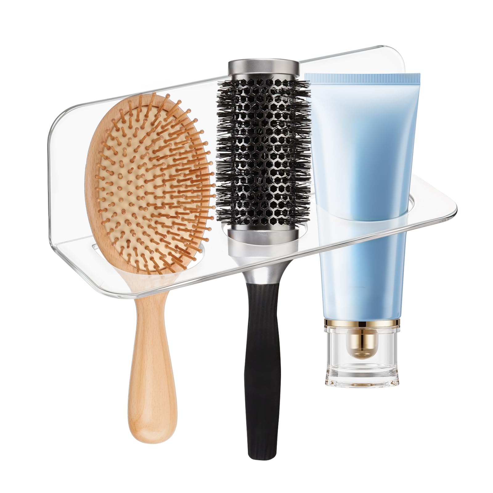 Kifmurase 2 Pcs Acrylic Hair Brush Holder for Bathroom Adhesive Wall Mounted Comb Holder Organizer with 3 Holes, Transparent Hairbrush Storage Holders, No Drilling for Combs, Curling Irons, Flat Irons