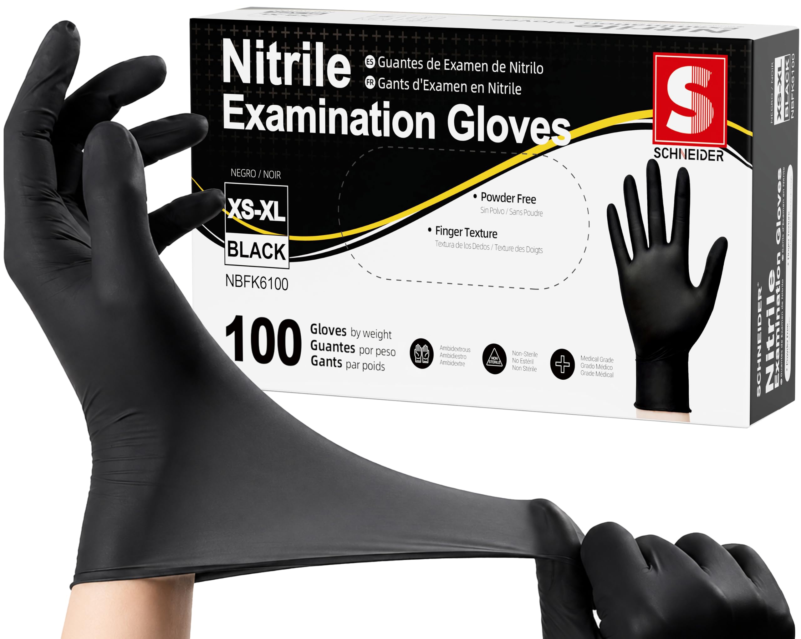 Schneider Guanti da esame in nitrile, misura grande, scatola da 100 carati, guanti usa e getta neri, senza lattice, senza polvere, sicuri per alimenti, guanti medici per cucinare, pulire, esami