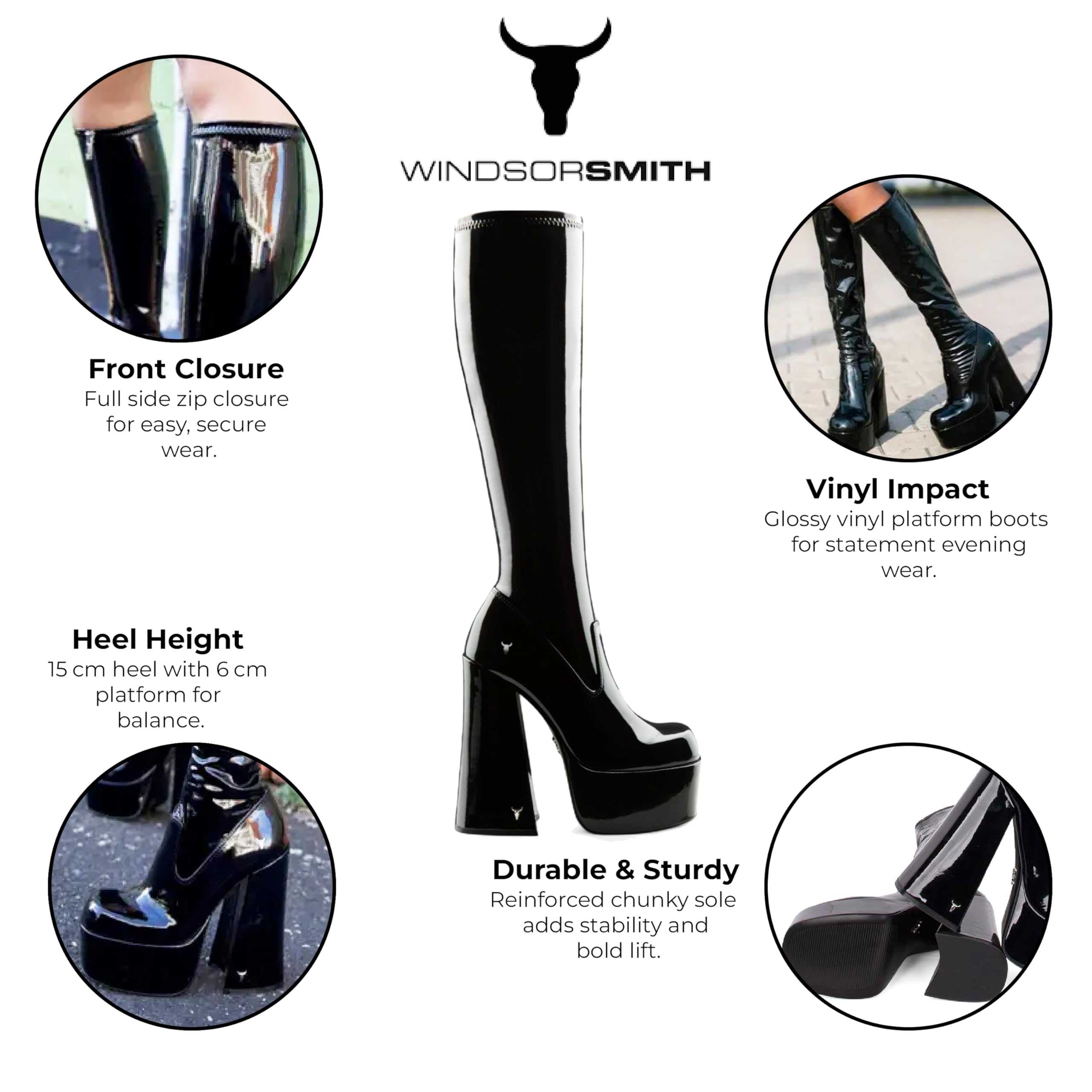 Windsorsmith damskie czarne podkolanówki na platformie gotyckie buty na obcasie
