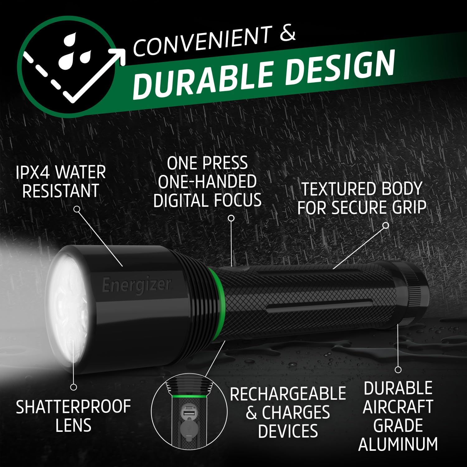 Diagram showing Energizer 3500XT-R flashlight features including Digital Focus