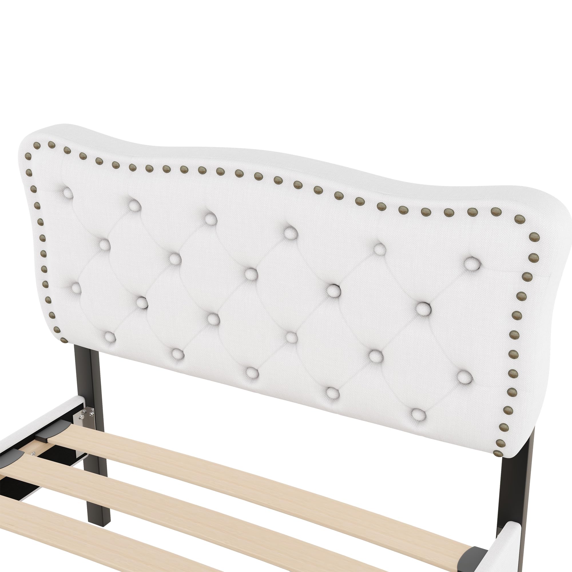 Moimhear Letto piatto 90 x 200 cm, letto imbottito, cuscino comodino con borchie decorative, cassetti doppi (beige chiaro)