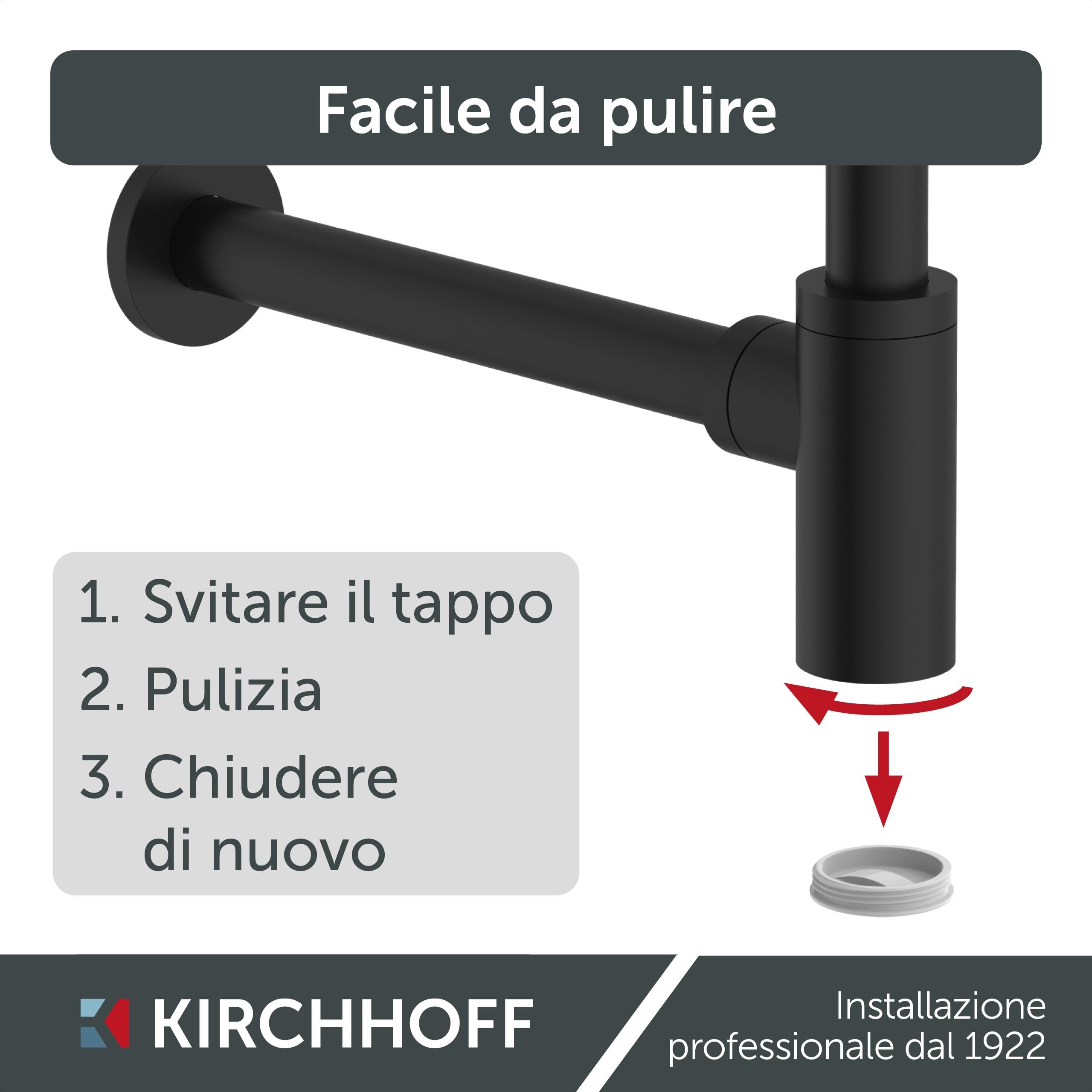 Kirchhoff Sifone di design, sifone per lavabo, in plastica anticorrosione, sifone per lavabo e lavandino, sifone con apertura di pulizia, 98803828, nero