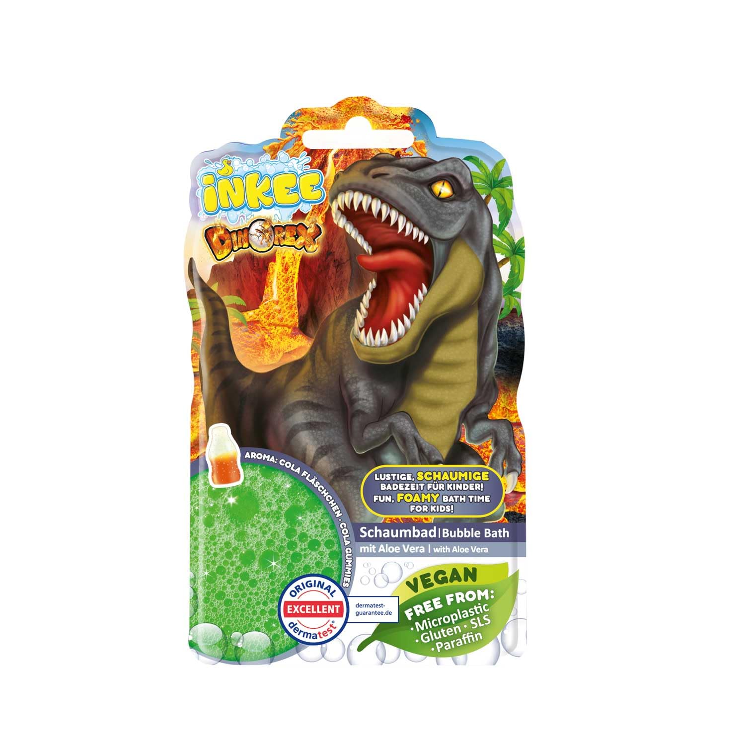 INKEE Kids Colour Changing Bubble Bath – Dinosaur Liquid Gel, Sensitive Skin, Aloe Vera, Cola Gummies Scent, Green, 40g Sachet - Stuff for Kids 3+