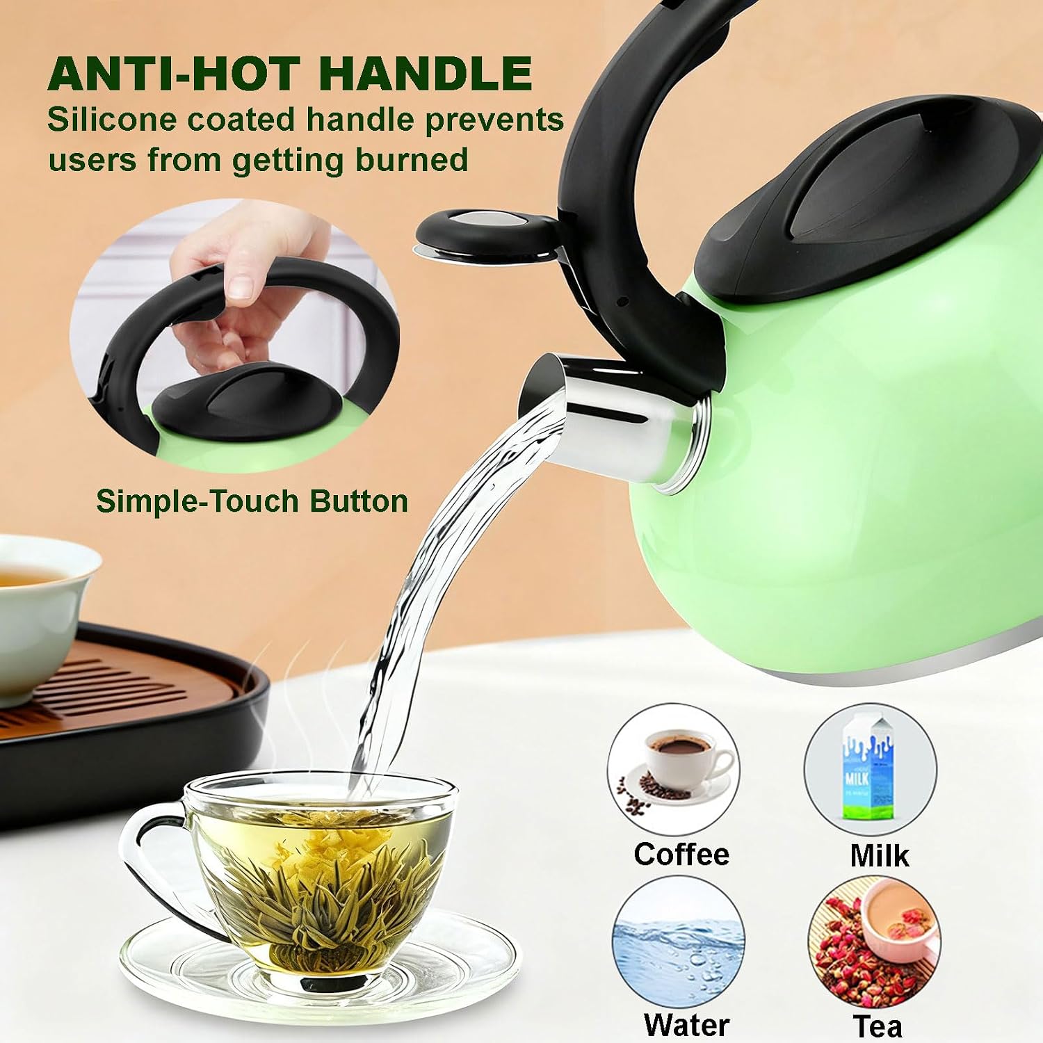 Whistling Green Tea Kettle Stovetop, Tea Pot with Cool Touch Ergonomic Handle, Food Grade 304 Stainless Steel Tea Kettle, 2.6 Quart Teapot for Tea, Coffee, Milk