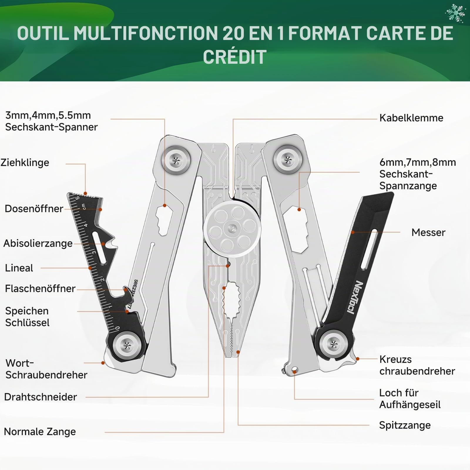 NexTool E30 Multitool Pliable Multi-Outils pour Cartes de Crédit 20 en 1 En Acier Inoxydable avec Pinces, Couteau, Décapsuleur, Clé Hexagonale, Compacte et Règle, Outils EDC pour Homme