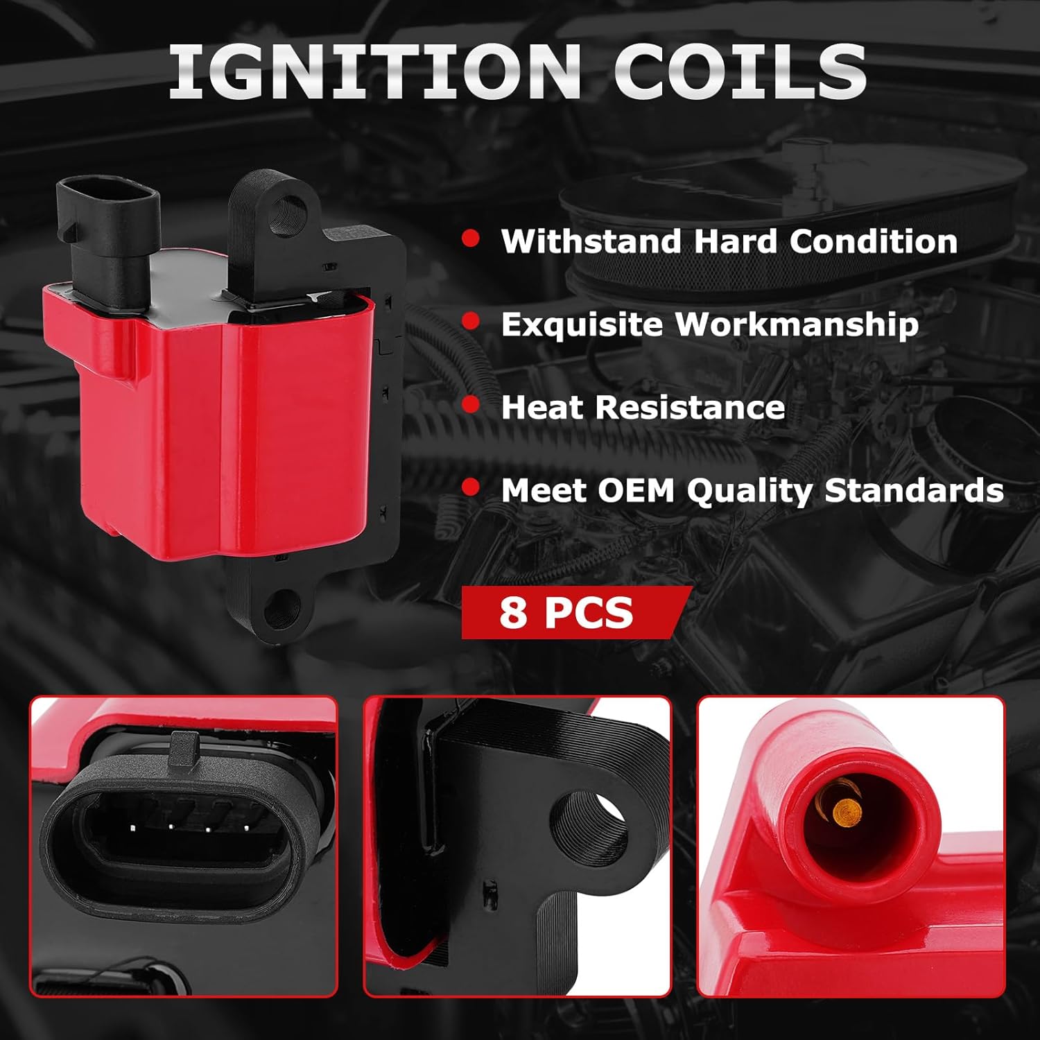 8Pcs UF271 Square Ignition Coils with 748UU 8mm Spark Plug Wires Set Compatible with Chevy Silverado Suburba Tahoe, Cadillac, GMC Sierra Yukon Hummer 4.8L 5.3L 6.0L, Replace# D581 M8-48322R