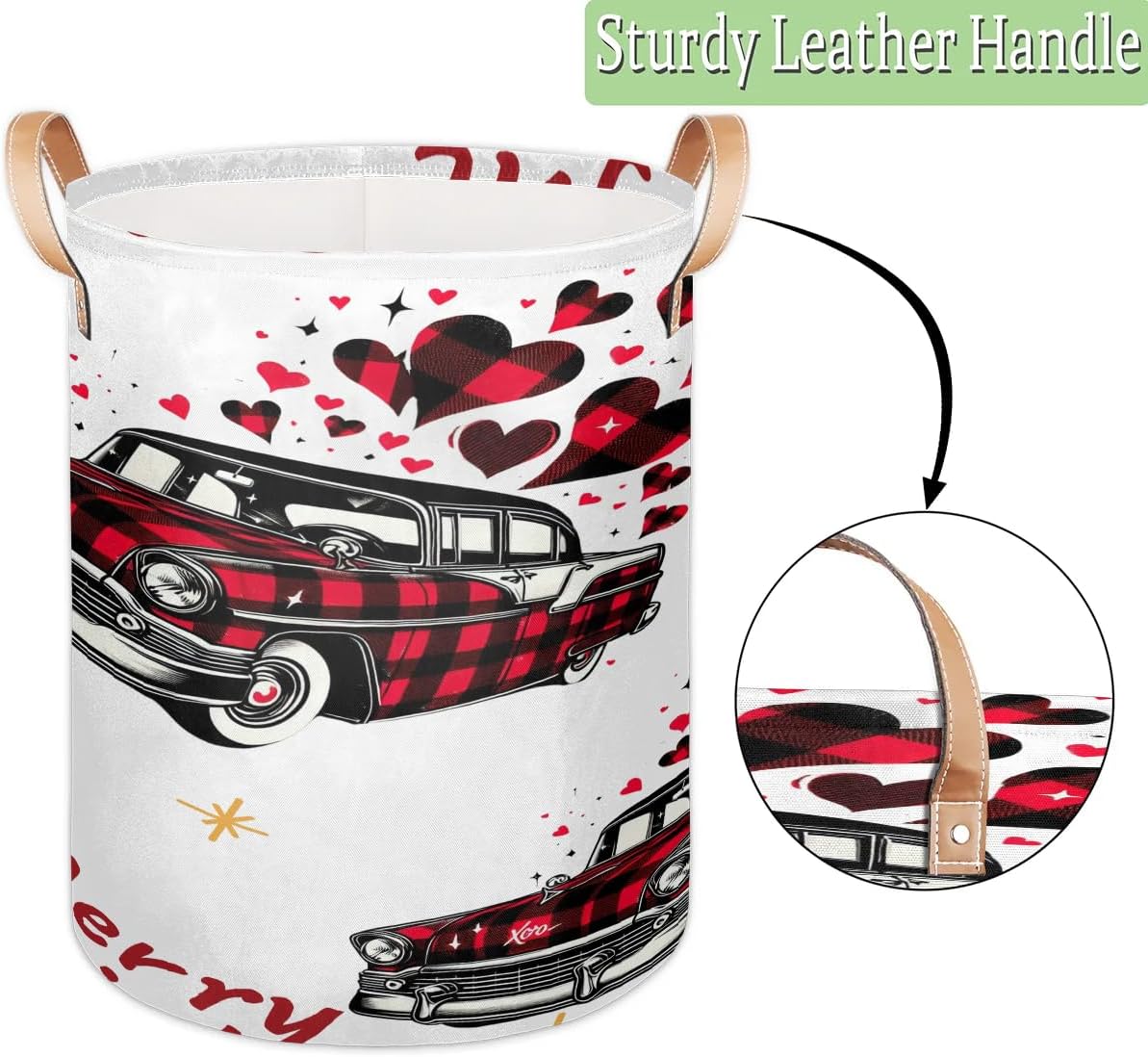 Christmas Cars Round Laundry Basket with Handles 70L Large Laundry Hamper Collapsible Polyester Dirty Clothes Storage Bucket Tall Organizer Basket for Nursery Bathroom Decor
