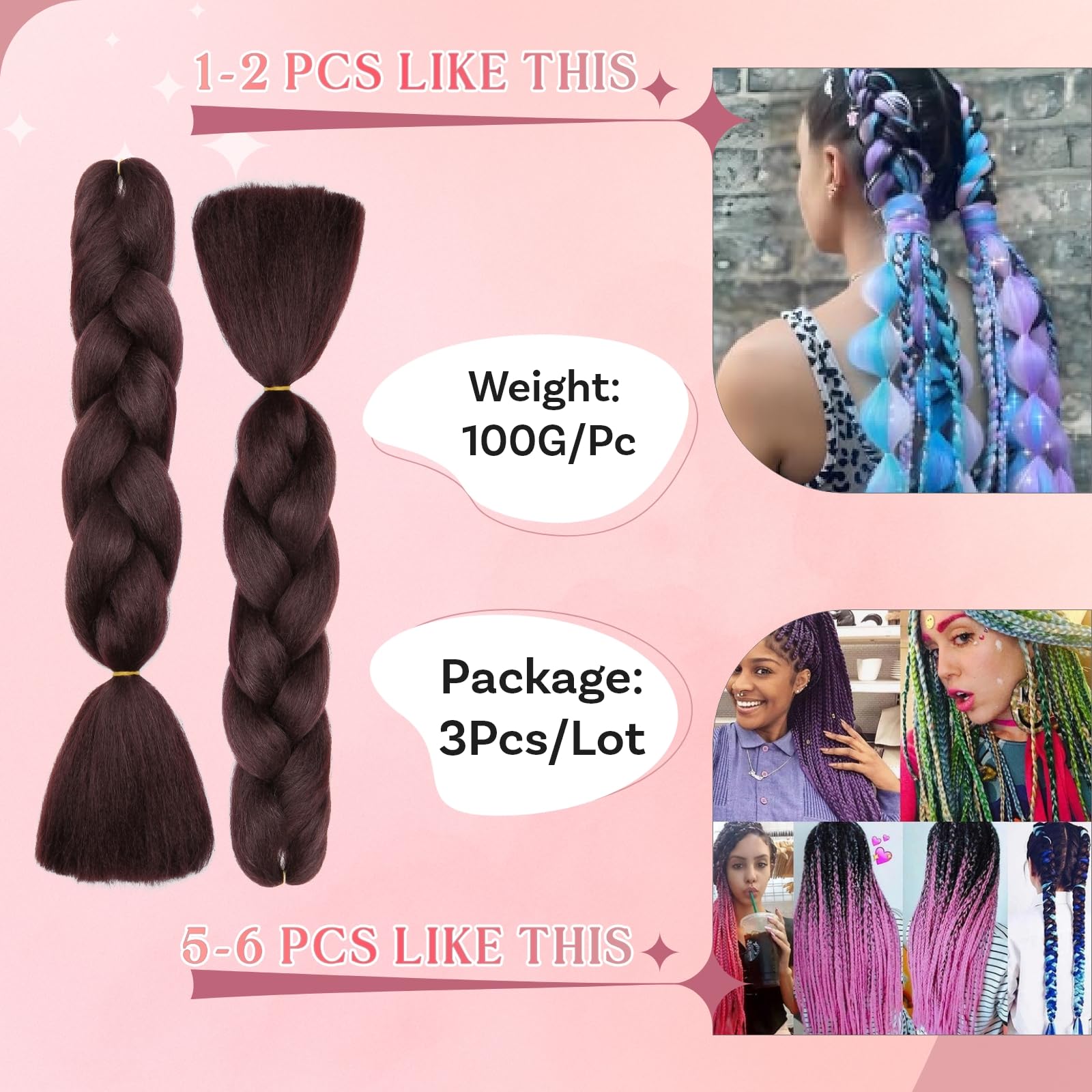 SEGO Pro Braiding Hair Extensions 24 Inch Yaki Synthetic Jumbo Box Braid Hair for Crochet Twist Braids for Women Pack of 3 (Dark Auburn) - Image 3