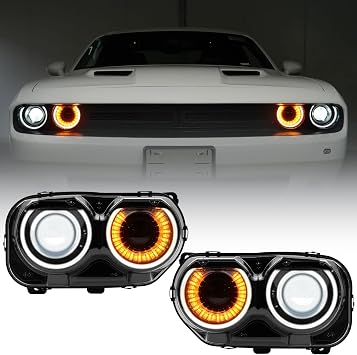 LED Headlight with Amber Turn Signal Light, Headlight Assembly Compatible with Dodge Challenger 2015 2016 2017 2018 2019 2020 NOT Compatible with Factory HID Headlight