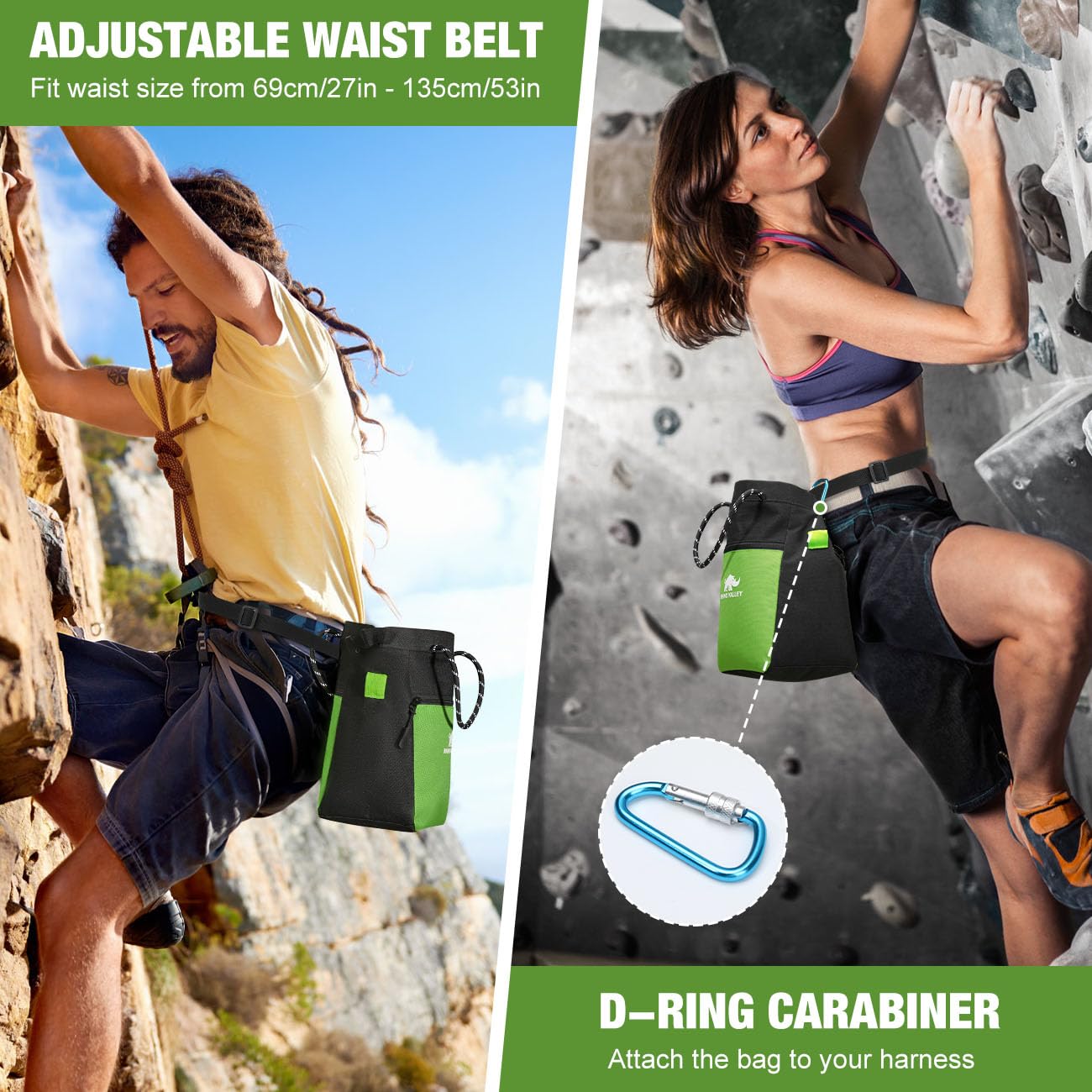 Rhino Valley Torba na Magnezję do Wspinaczki i Boulderingu (Chalk Bag)–Paskiem Regulowanym, Kieszeń na Zamek, Szerokie Otwarcie, Torba na Kredę Boulder, Gimnastyki i Fitness, Czarny/Zielony