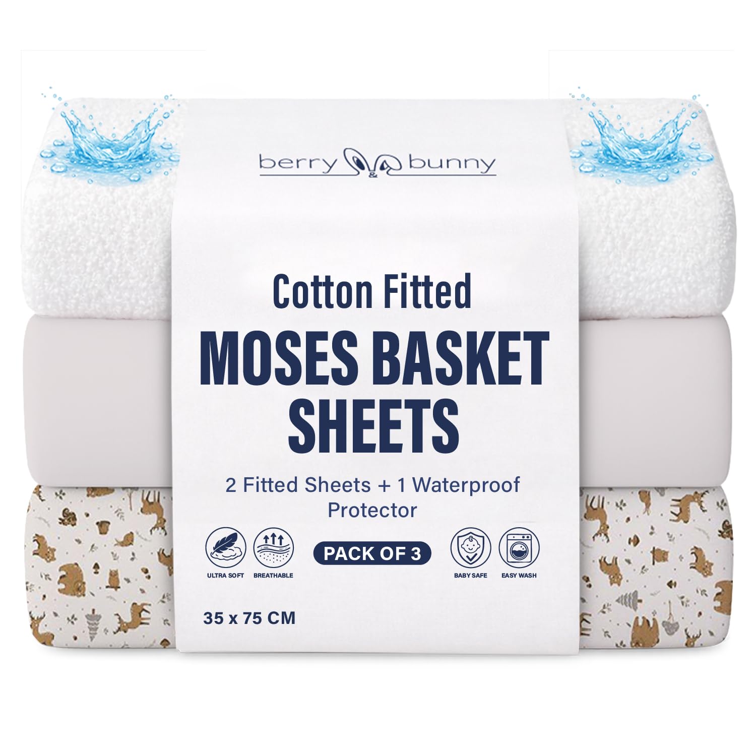 Berry & Bunny 3 Pack Moses Basket Sheets 35 x 75 cm – 100% Cotton 2 Fitted Sheets & 1 Waterproof Mattress Protector Cover – Soft Breathable Baby Fitted Sheet for Baby Mattress – Gray Animal
