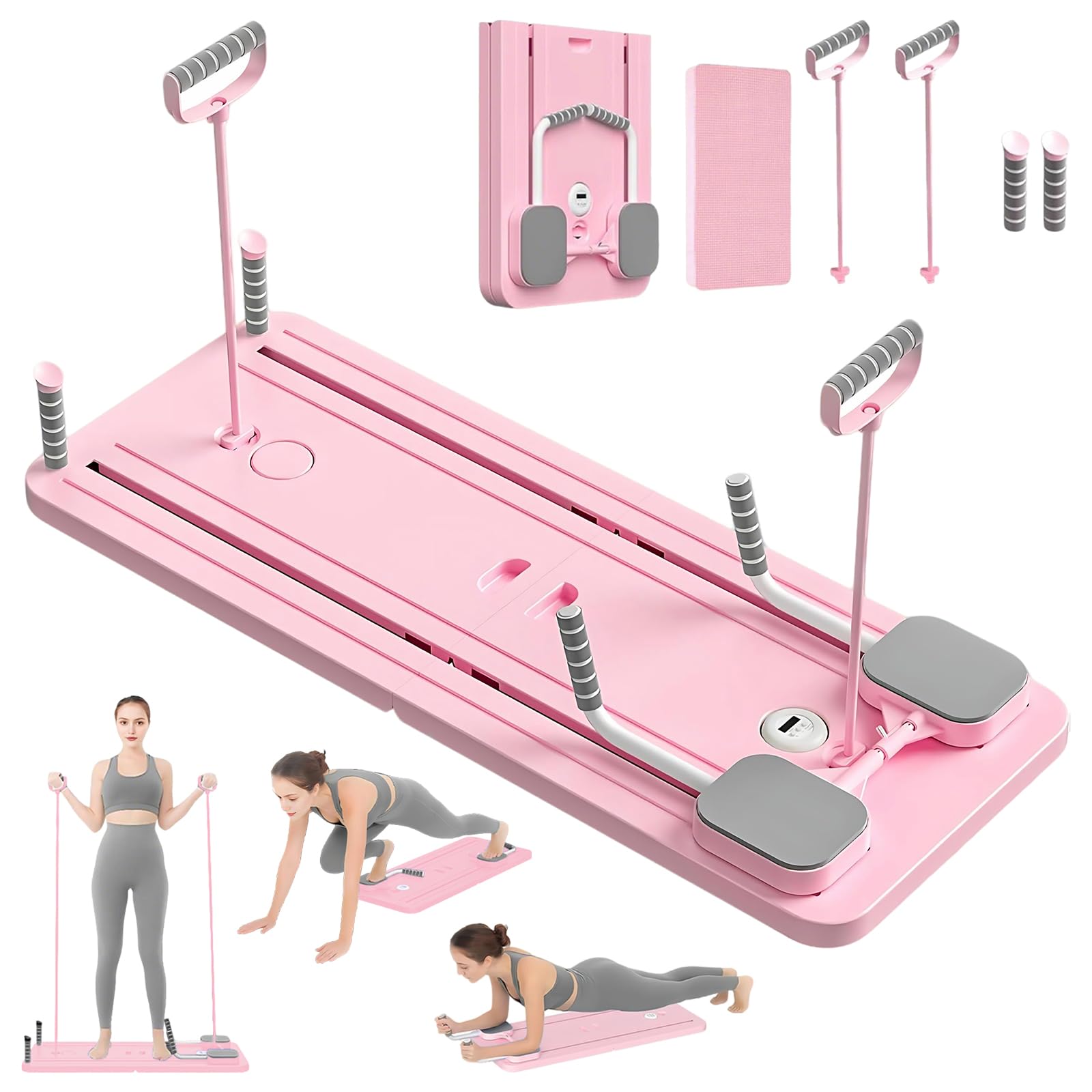 VHV Pilates Reformer Compact, 5 en 1 Pilates Pliable,La Roue Abdominale Push-up rebondit automatiquement Minuterie,Planche Abdominale Pilates Multifonction pour la Maison et la Salle de Sport