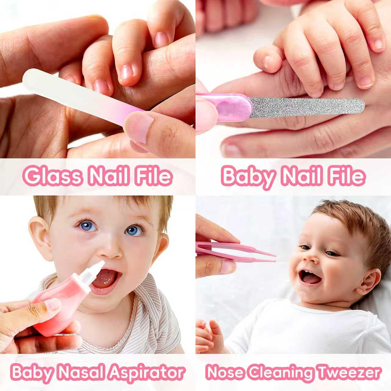 Kit de aseo para bebés, juego de cuidado de seguridad infantil con cepillo para el pelo, peine cortaúñas, aspirador nasal, kit esencial para bebés para recién nacidos y niños (rosa)