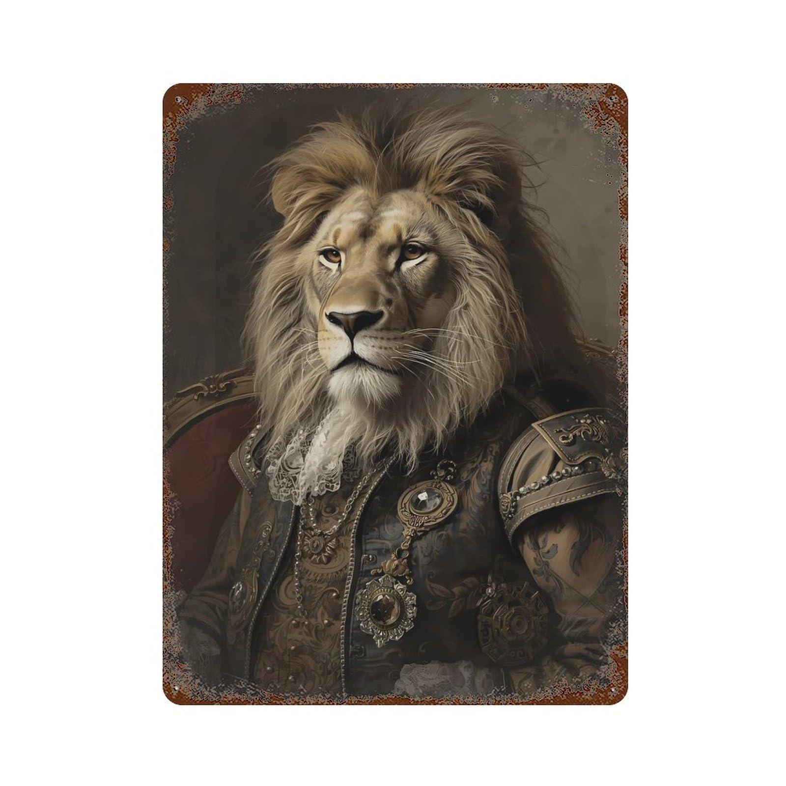 Regal Lion Portrait in Renaissance Style Vintage Wall Sign 15.7"x11.8", Rust Effect Metal Decor for Bistro, Counter And Cafe Decor