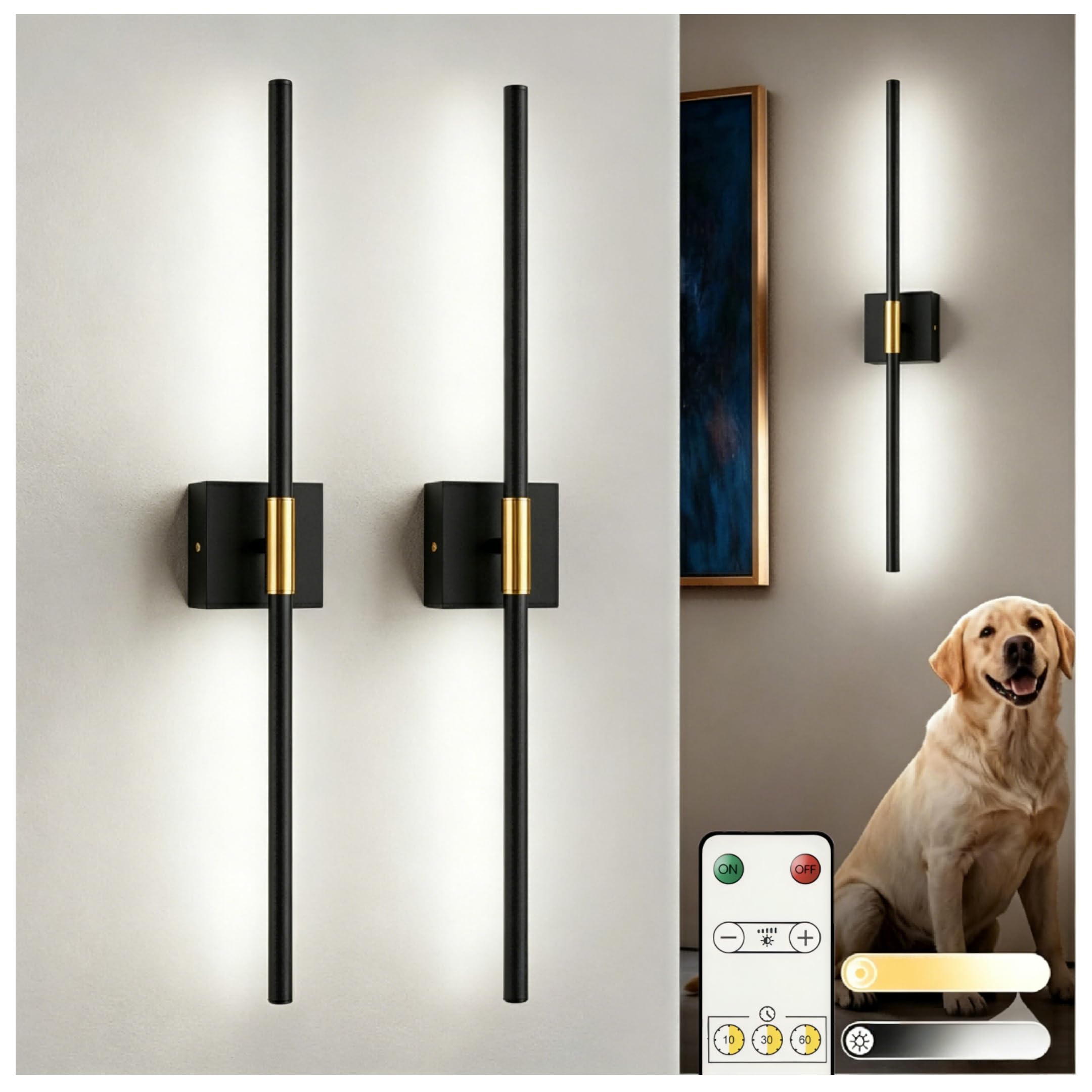 L LOHAS LED Battery Operated Wall Sconces Set of 2, Battery Wall Sconce 10000mAh, Gold and Black Rechargeable Sconces 6000K, 28.3 Inch Wireless Wall Lights, Sconce Wall Decor for Bedroom, Living Room