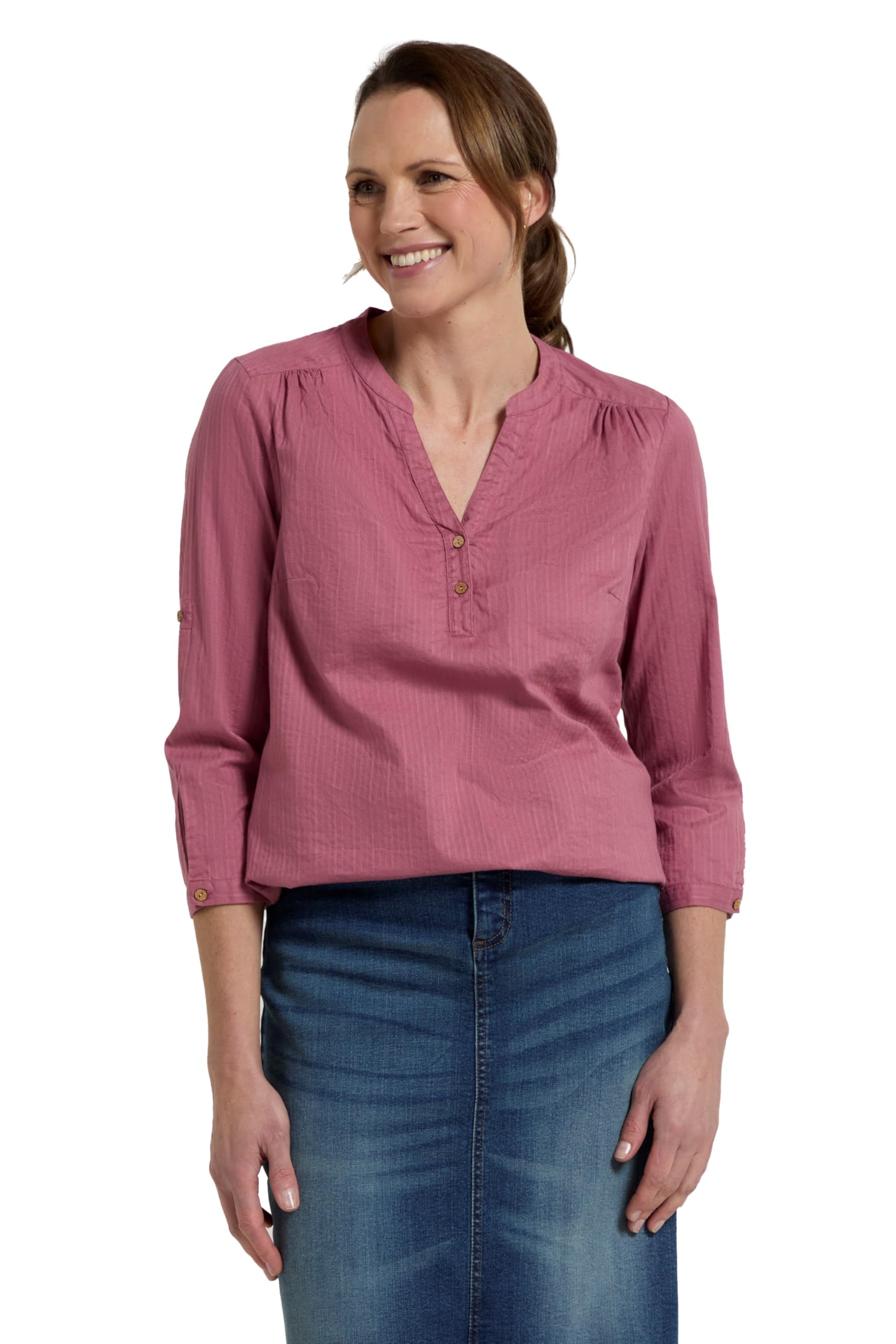 Mountain Warehouse Dark Pink Petra Womens Relaxed Fit 3/4 Sleeve Shirt - 100% Cotton Voile Ladies Top, Lightweight, Breathable Blouse - For Travelling & Daily Use Women's Size 12