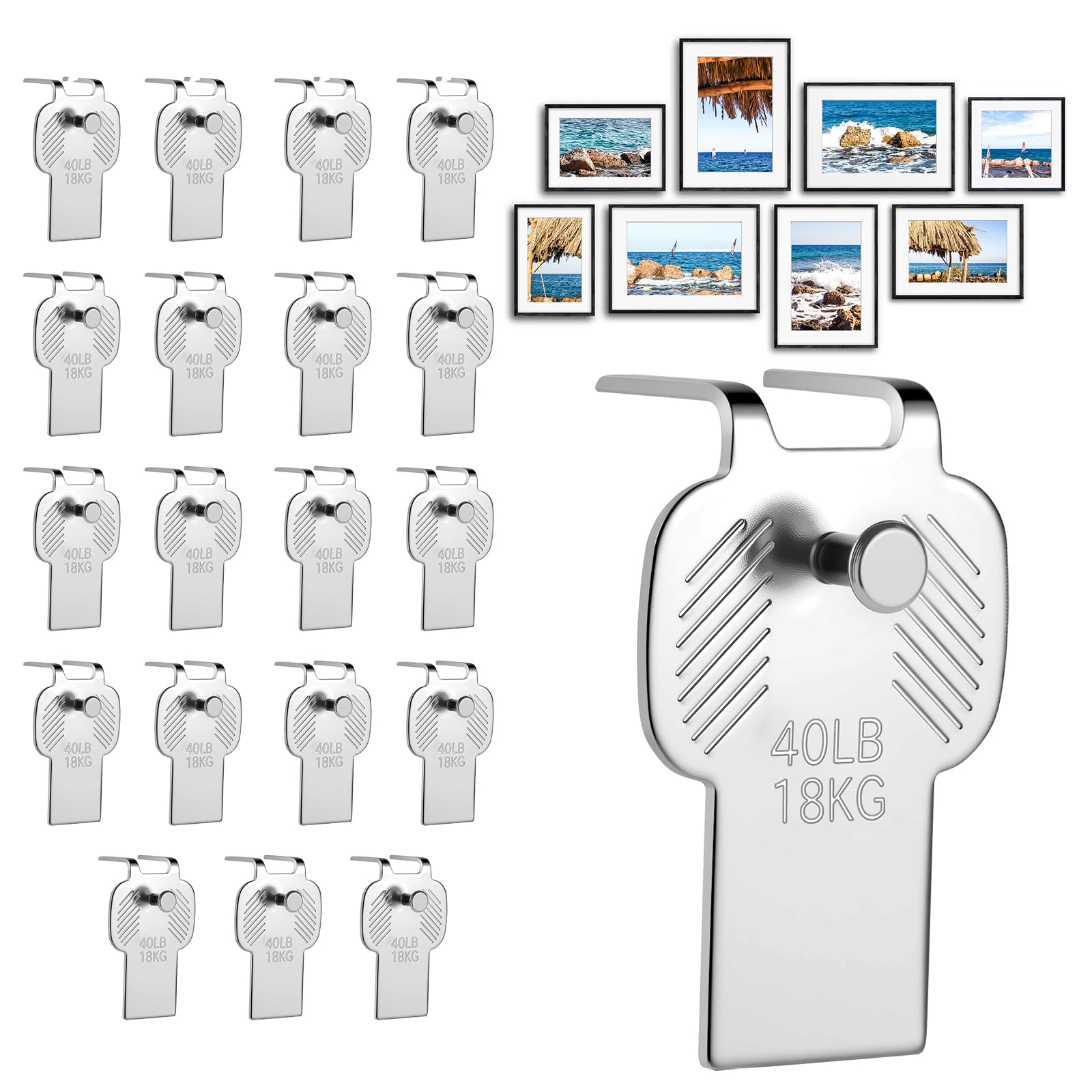 AUAUY 20 Pack Claw Picture Hooks, No Nails No Drill Metal Hanger for Drywall, No Damage Wall Picture Hanger Claws, Suitable for Hanging Picture Frames and Art, 40 lb Load Capacity(Nail Style)