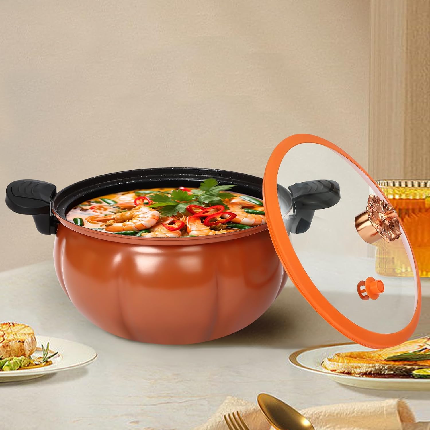 Pressure Cookware, Micro-Pressure Cooking Pot Nonstick, Pressure Canner Stovetop Resistant Handles for Stews, Soup, Meat, and Beans, Secure locking System, Pumpkin Shaped