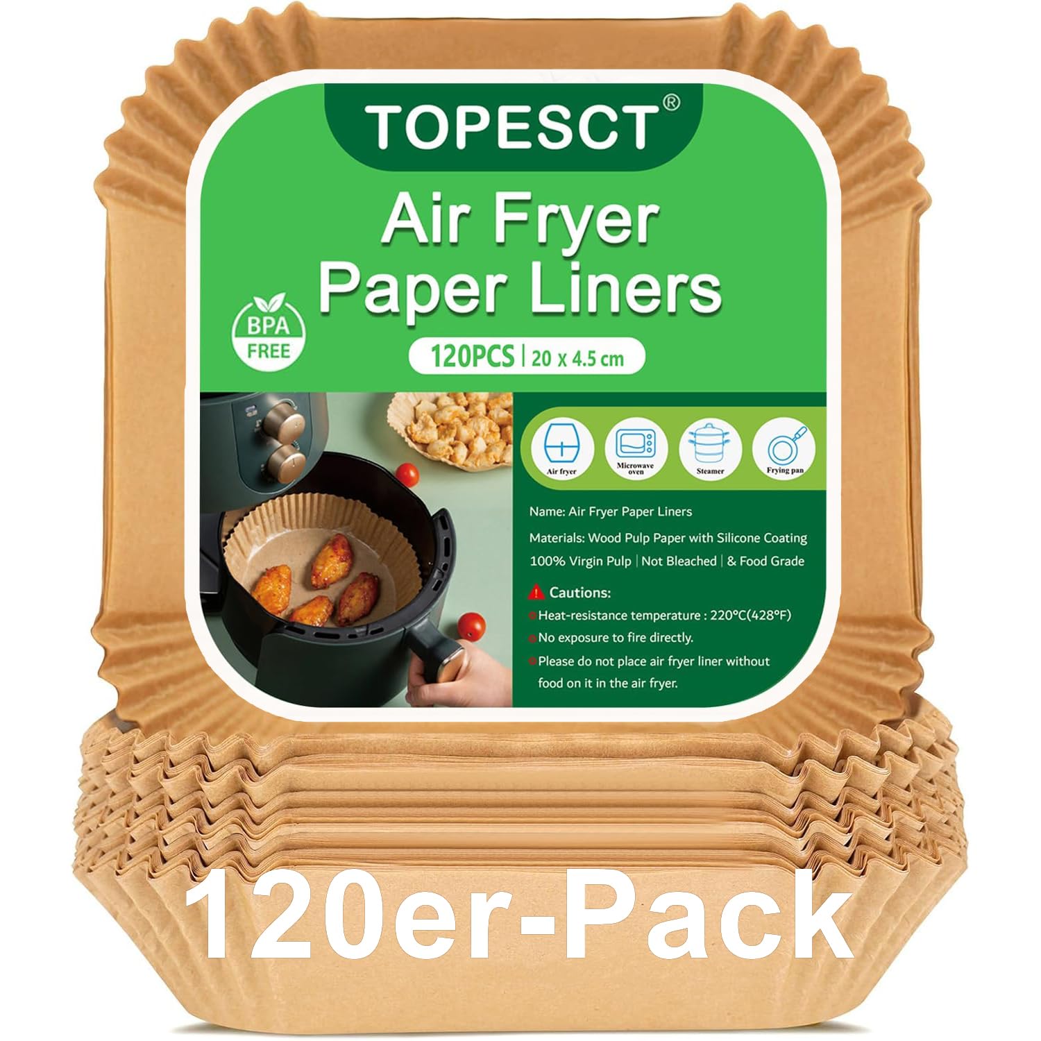 TopEsct Airfryer Backpapier, 20x20 cm Heißluftfritteuse Zubehör für 4,5-8L Körben - BPA-freier - Kompatibel mit COSORI Philips Cecotec XL XXL Airfryer, 120er-Pack