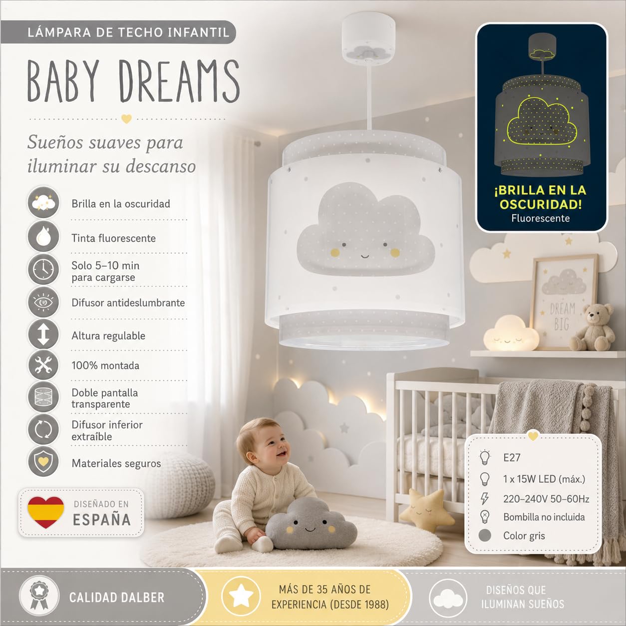 Dalber Lámpara Techo Colgante Infantil Baby Dreams Nube Gris 76012ME E27 | Incluye difusor de luz inferior extraible; Habitación niños; lámparas infantiles