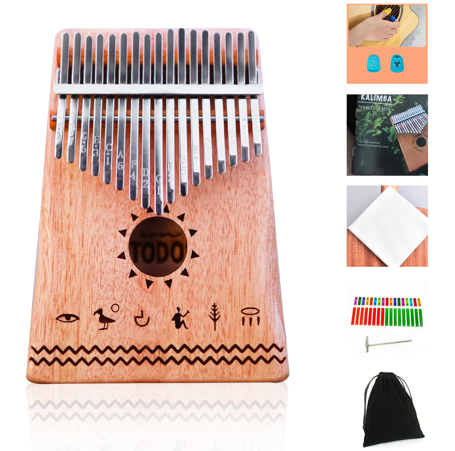 TODO Kalimba Daumenklavier mit Mahagoni-Holz mit Stimmhammer und Fingerabdeckungen & mehr Lernanleitung