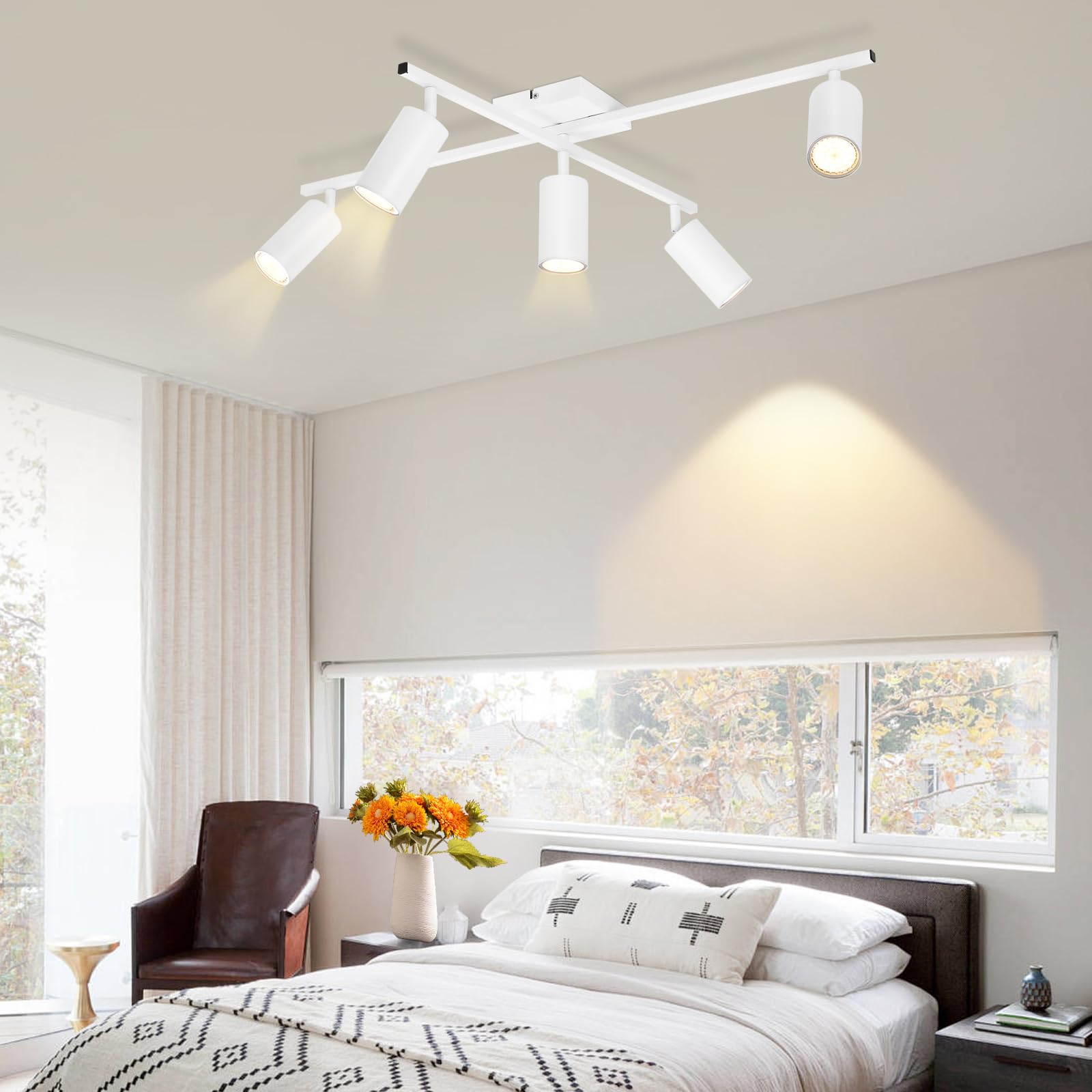 LED Deckenstrahler Weiß Spots Deckenleuchte 5 Flammig Deckenspots | Küche 350°Schwenkbar modern Deckenlampe Strahler Wohnzimmerlampe Industrial für Esszimmer inkl. 6 × GU10 3000K Leuchtmittel
