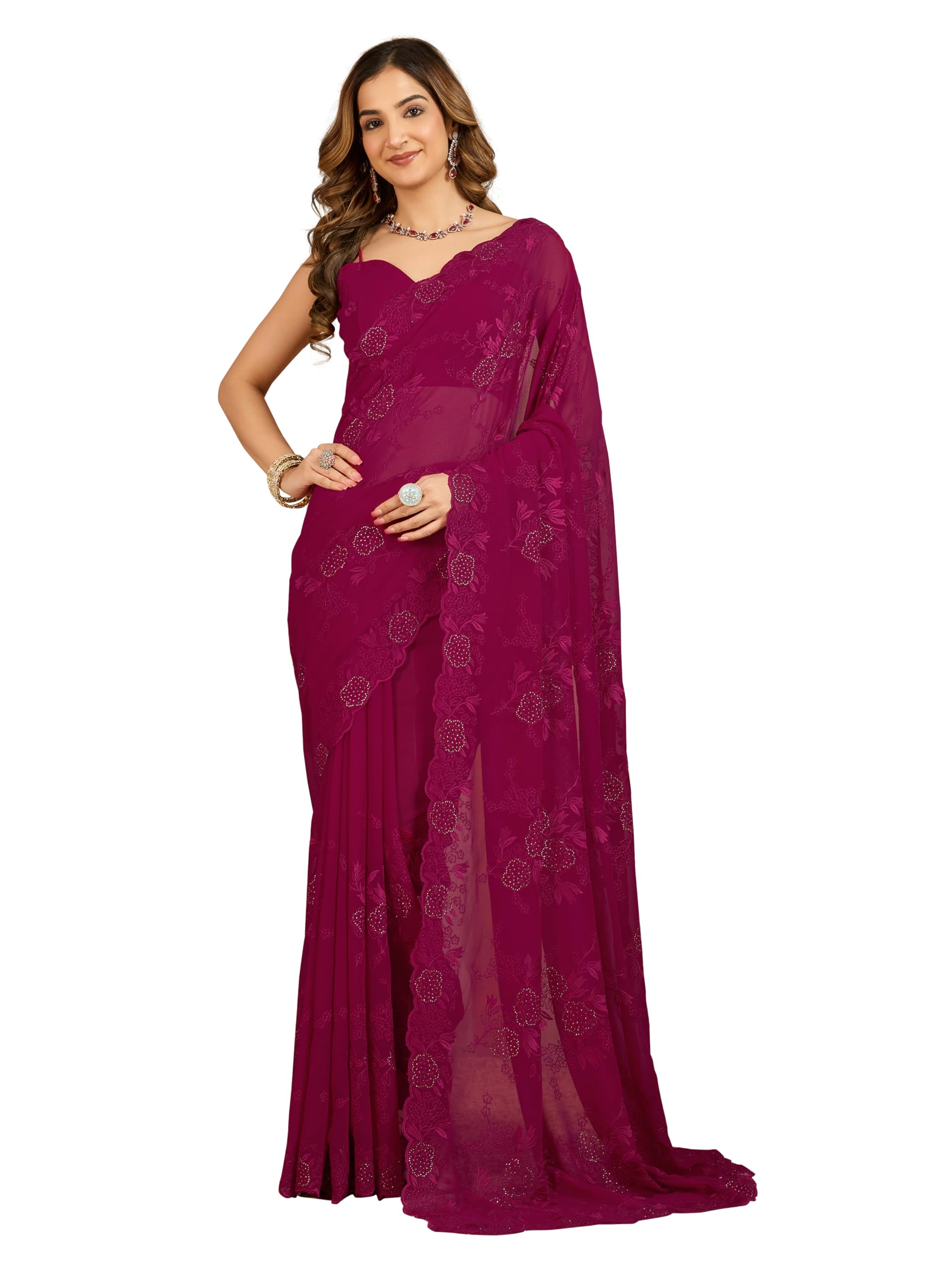 trendmalls Women's Georgette Embroidery Siroski Work Saree with Unstitched Blouse Piece-picture-39