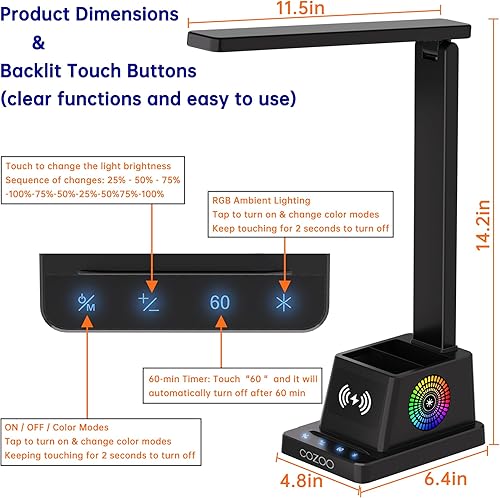 Miniatura 6 de cozoo Lámpara de escritorio, lámparas de escritorio LED para oficina en casa, cargador inalámbrico pequeña lámpara de escritorio con soporte para