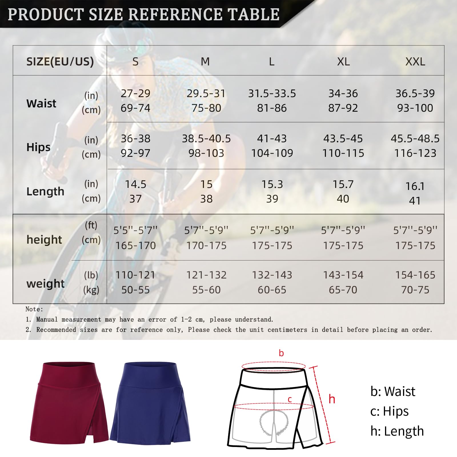 Damskie Spódnica rowerowa 2 w 1 Skort Dziewczęta Wyściełany żel 5D Spodenki rowerowe Elastyczność Szybkie wysychanie Rower Spódnica do spodni Lato Sport Kolarstwo Kuloty na MTB,Red-XL